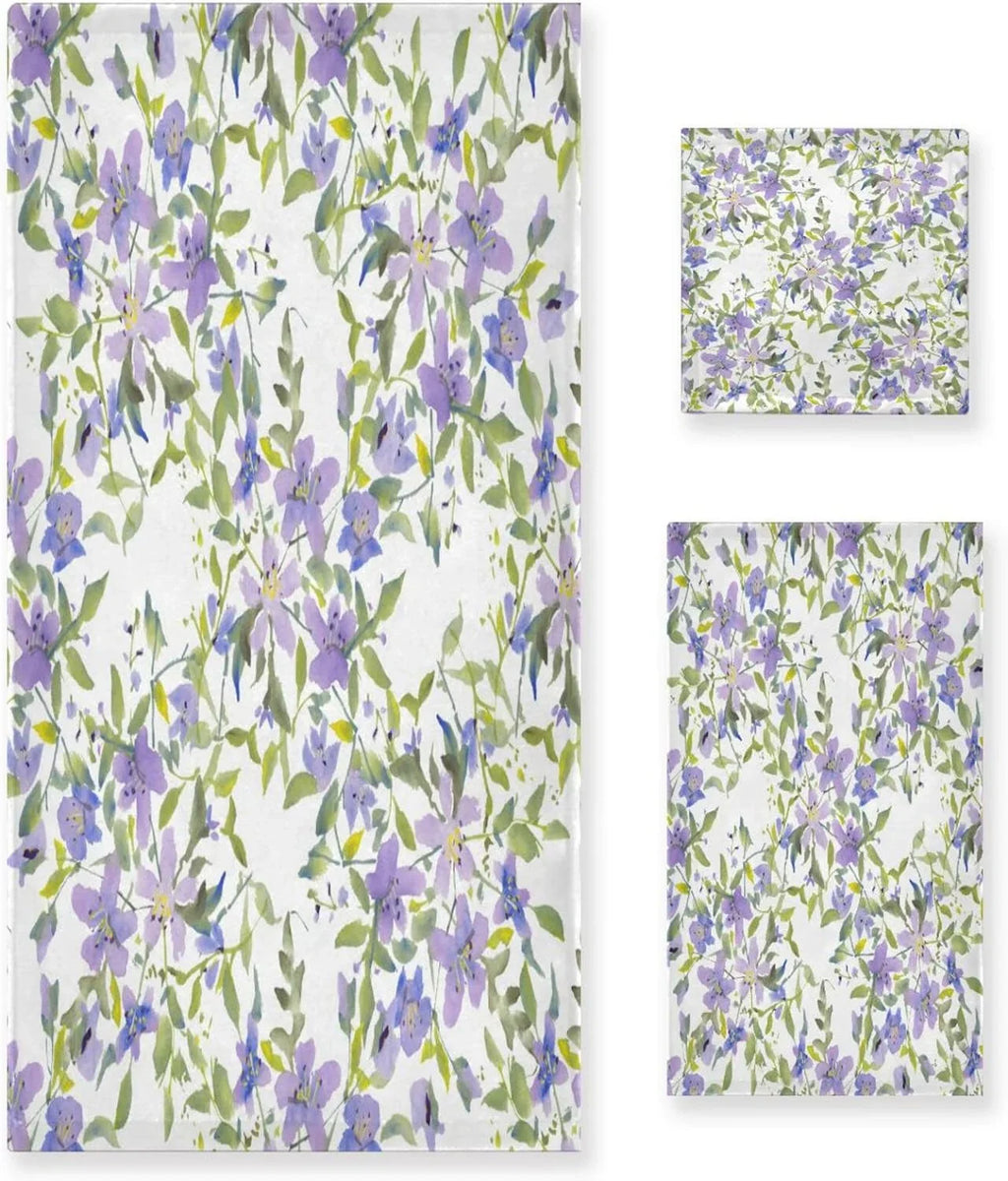 Wellsay Purple Flowers Bath Towel Set of 3, Highly Absorbent & Soft Bathroom Towels Set Quick Dry Towels Set for Bathroom Spa Beach (1 Bath Towels, 1 Hand Towel, 1 Washcloth)