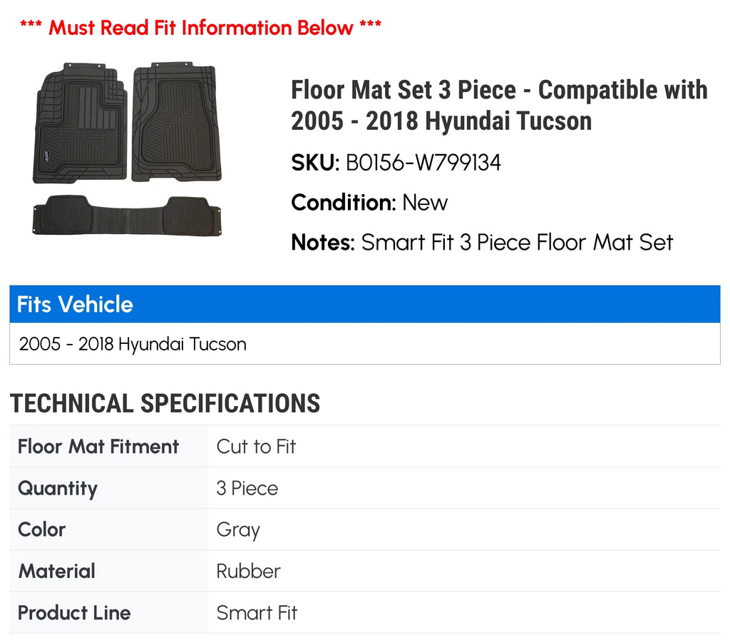 Floor Mat Set 3 Piece - Fitting with 2005 - 2018 Hyundai Tucson 2006 2007 2008 2009 2010 2011 2012 2013 2014 2015 2016 2017