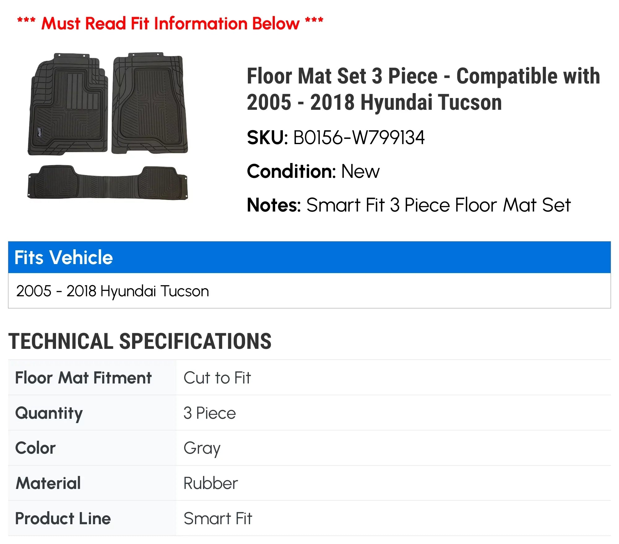 Floor Mat Set 3 Piece - Fitting with 2005 - 2018 Hyundai Tucson 2006 2007 2008 2009 2010 2011 2012 2013 2014 2015 2016 2017