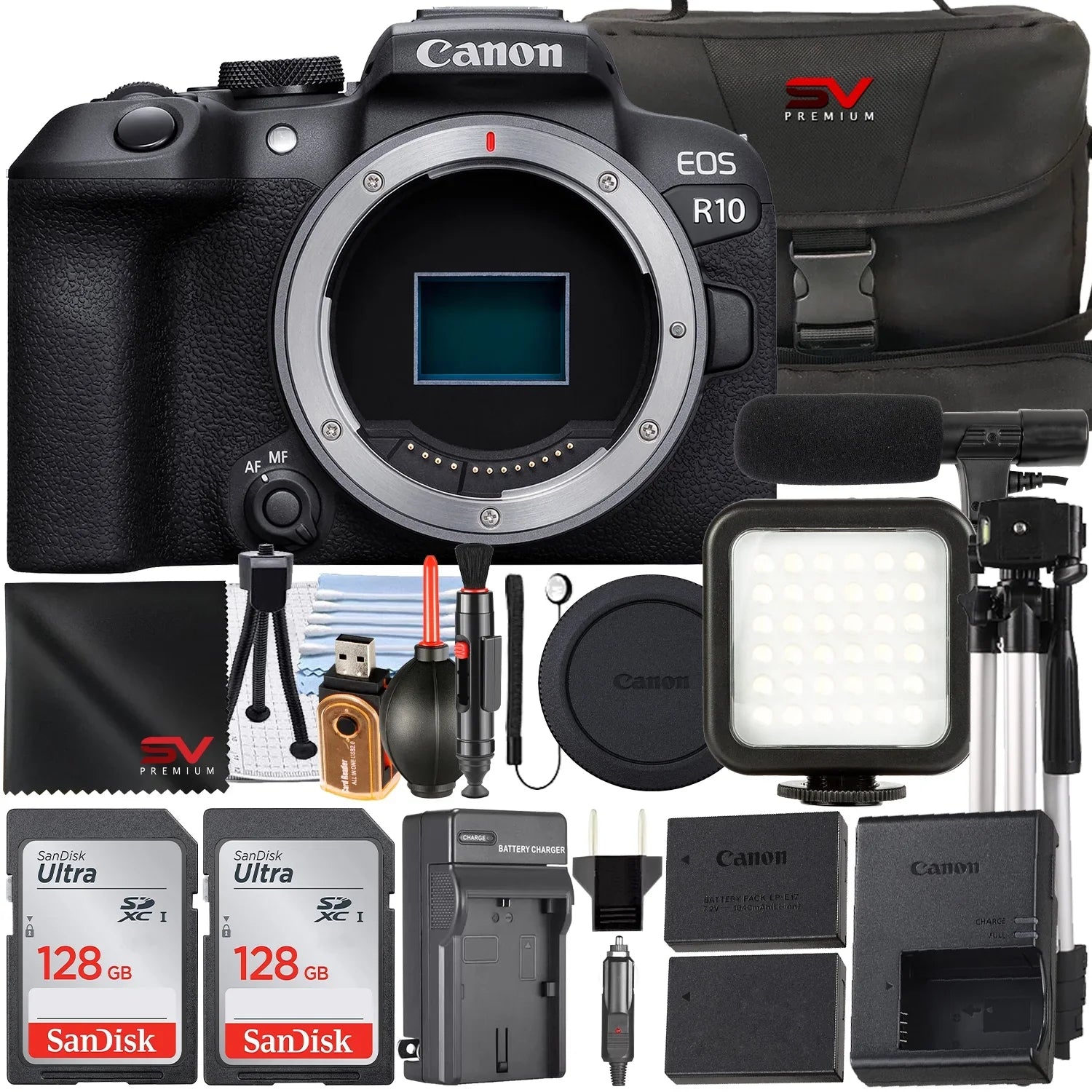 Canon EOS R10 Mirrorless Camera (Body Only) with 2 Pack SanDisk 128GB Memory Card + Case + LED Flash + SV Premium Accessory Bundle