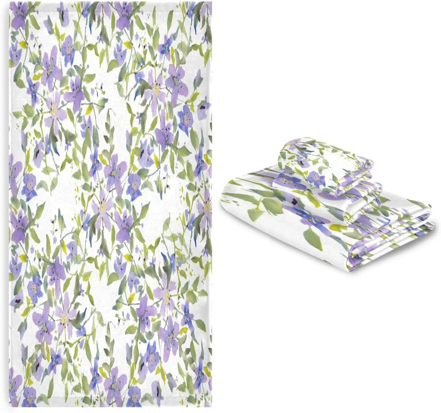 Wellsay Purple Flowers Bath Towel Set of 3, Highly Absorbent & Soft Bathroom Towels Set Quick Dry Towels Set for Bathroom Spa Beach (1 Bath Towels, 1 Hand Towel, 1 Washcloth)
