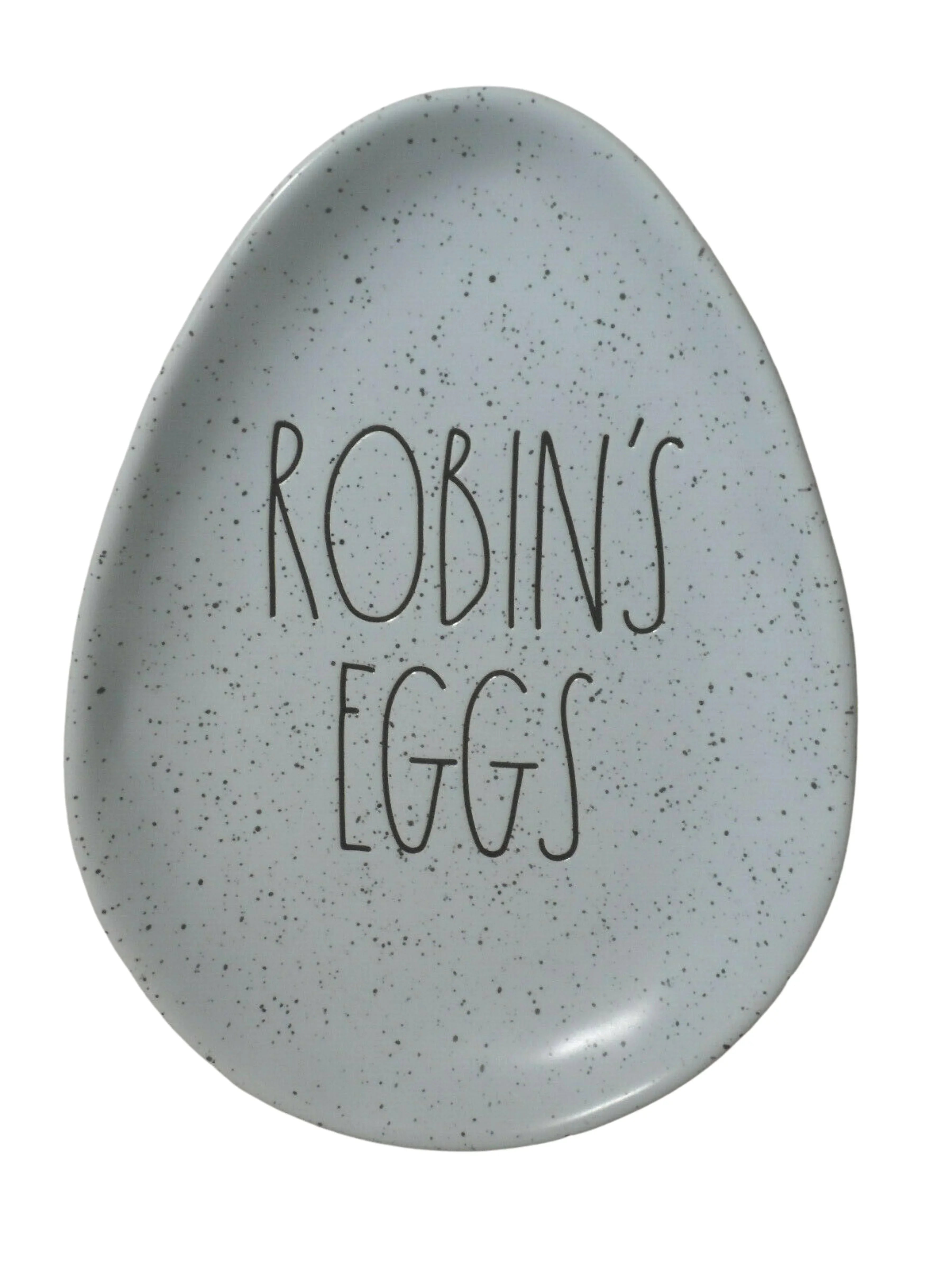 Rae Dunn Speckled ROBINS EGGS in Black LL letters Ceramic Egg shaped 6" x 8" Plate Easter