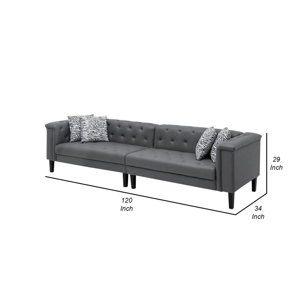 Benjara Ella 120 Inch 4 Seater Sofa, Deep Button Tufted, Gray Vegan Faux Leather