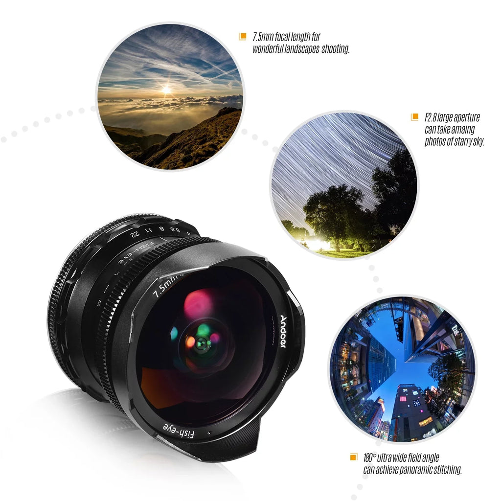 Andoer Andoer 7.5mm F2.8 Manual Focus Fisheye Lens 180° Ultra Wide Angle Large Aperture E-Mount Lens Matching with APS-C Frame Camera A6600 A6100 A6400 A6500 A6300 A6000 5100 A77II
