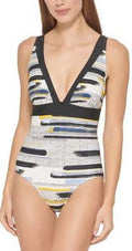DKNY HALOGEN MULTI Printed Deep-V One-Piece Swimsuit, US 14