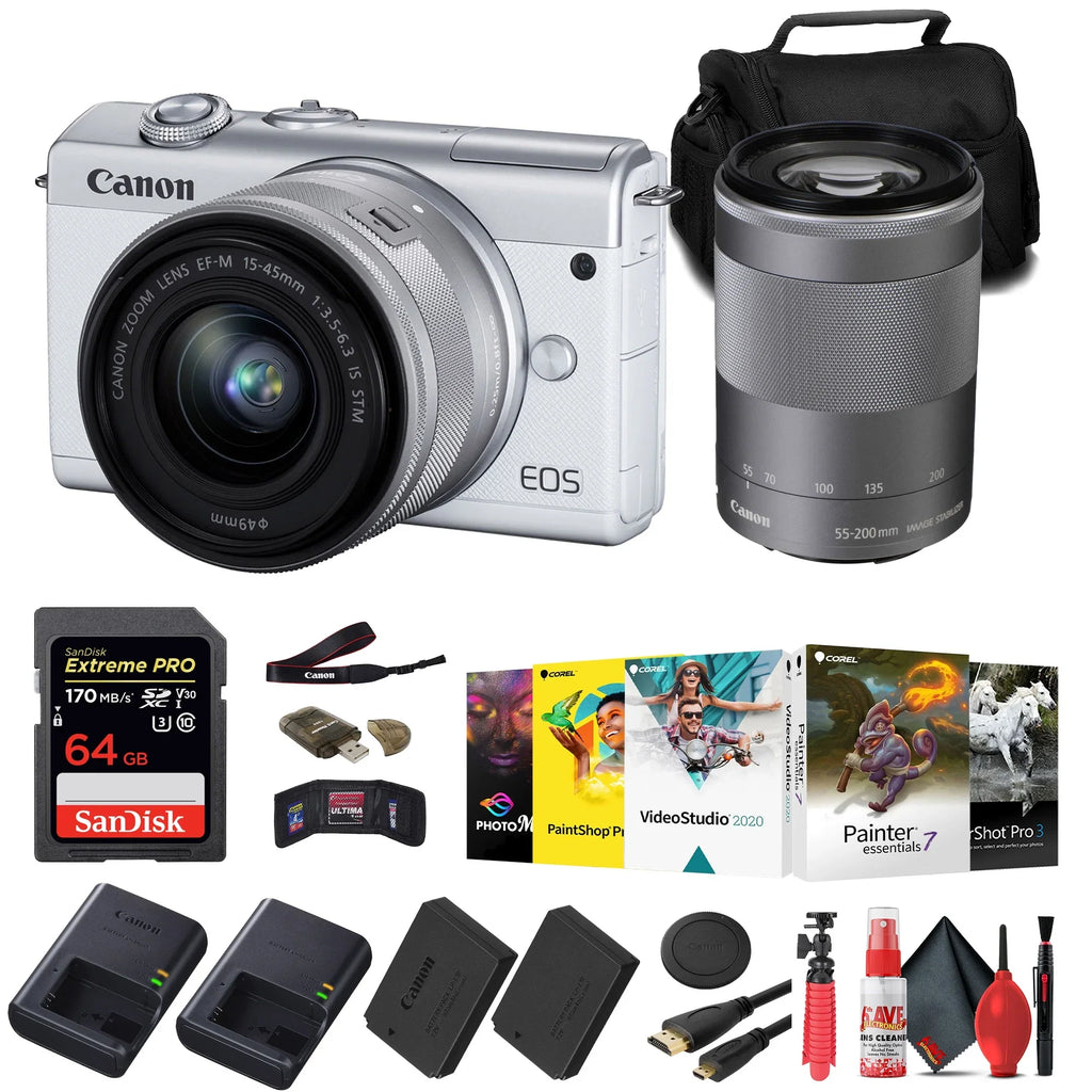 Canon EOS M200 Mirrorless Camera with 15-45mm and 55-200mm Lenses (White) (3700C009) + 64GB Card + Charger + LPE12 Battery + Card Reader + Corel Photo Software + HDMI Cable + Case + More