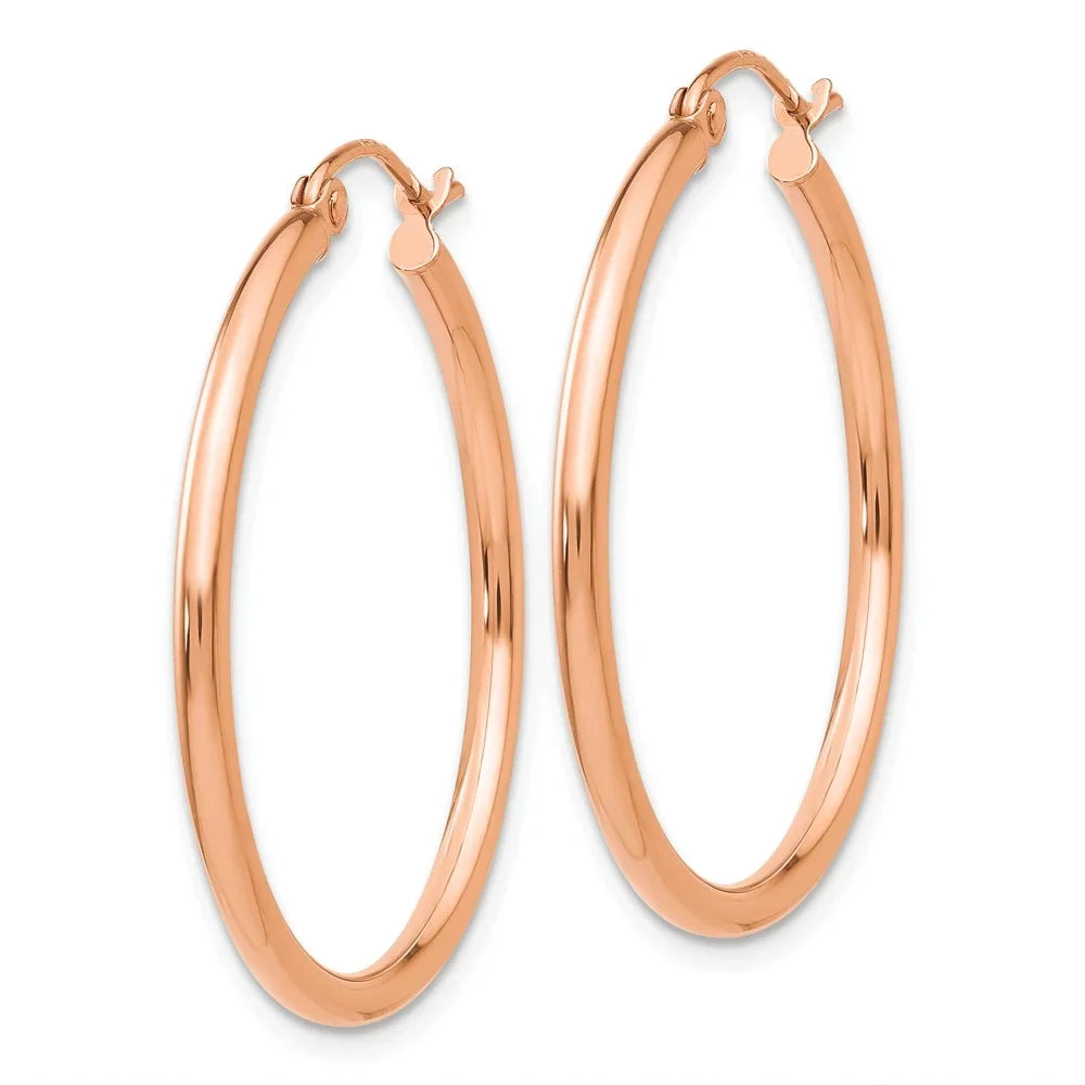 Real 14kt Rose Gold Polished 2mm Lightweight Tube Hoop Earrings; for Adults and Teens; for Women and Men