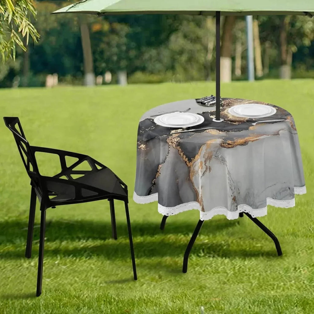 Hyjoy Natural Luxury Abstract Fluid Art Painting Round Tablecloth 60In,Waterproof Round Table Cloths with Umbrella Hole and Zipper,Party Patio Table Shield for Outdoor Backyard /BBQ/Picnic