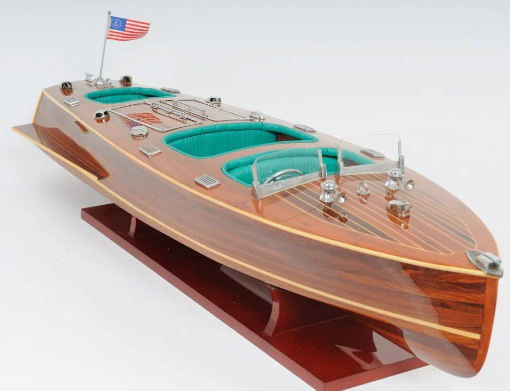 HomeRoots 9 in. Wood Brown C1928 Chris Craft Triple Cockpit Hand Painted Decorative Vessel