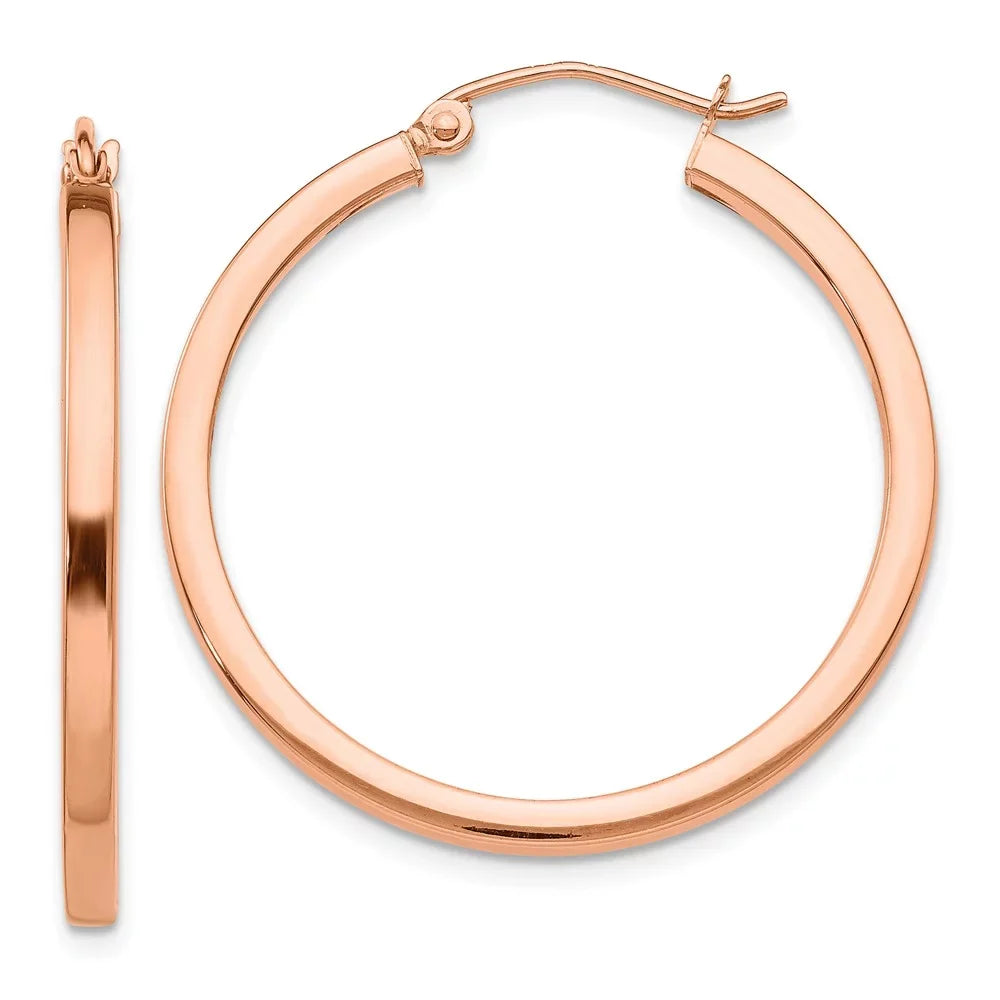 Real 14kt Rose Gold Lightweight Princess Square Tube Hoop Earrings; for Adults and Teens; for Women and Men