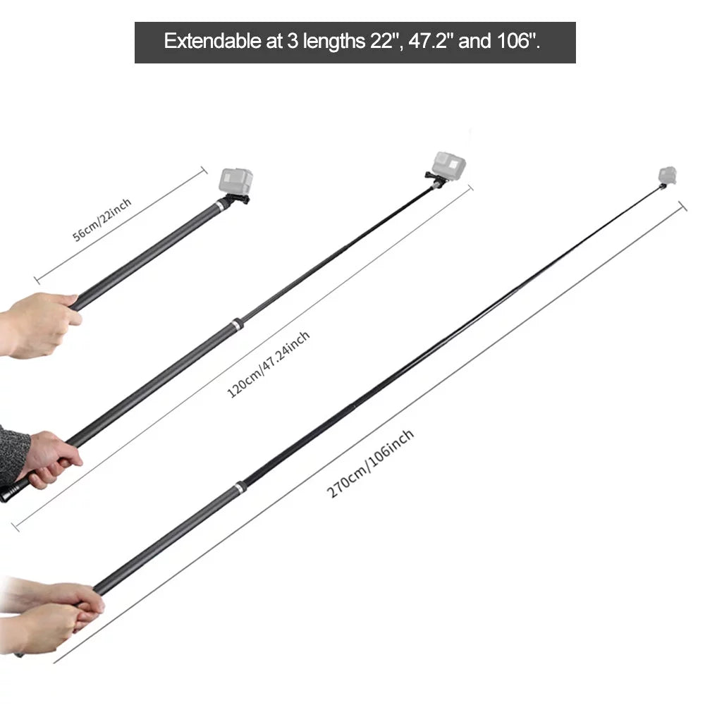 2.7M106 Inch Ultra Long Carbon Fiber Selfie Stick Lightweight Extendable Handheld Pole Monopod Replacement for GoPro Hero 11109876Hero 5 Black(2018) Replacement for One R OSMO Action