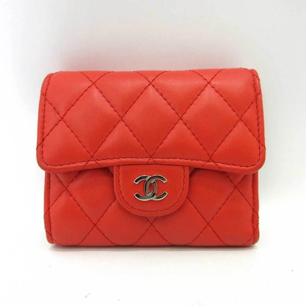 Pre-Owned Chanel Wallet Small Orange Red Series Silver Metal Fittings Mini Trifold Matelasse Women's Lambskin CHANEL (Good)