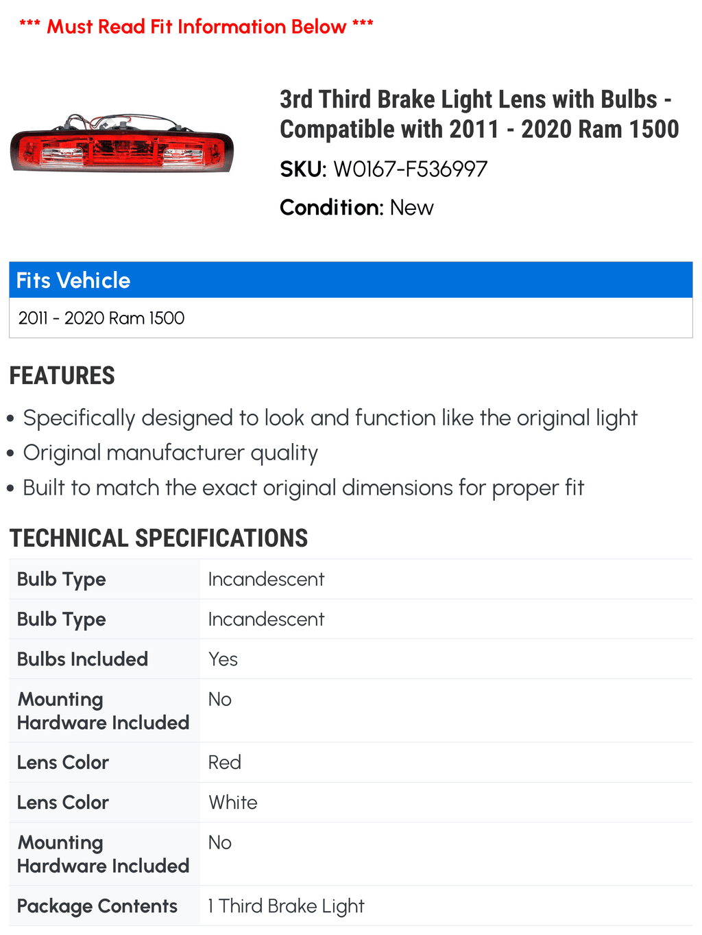 3rd Third Brake Light Lens with Bulbs - Fitting with 2011 - 2020 Ram 1500 2012 2013 2014 2015 2016 2017 2018 2019
