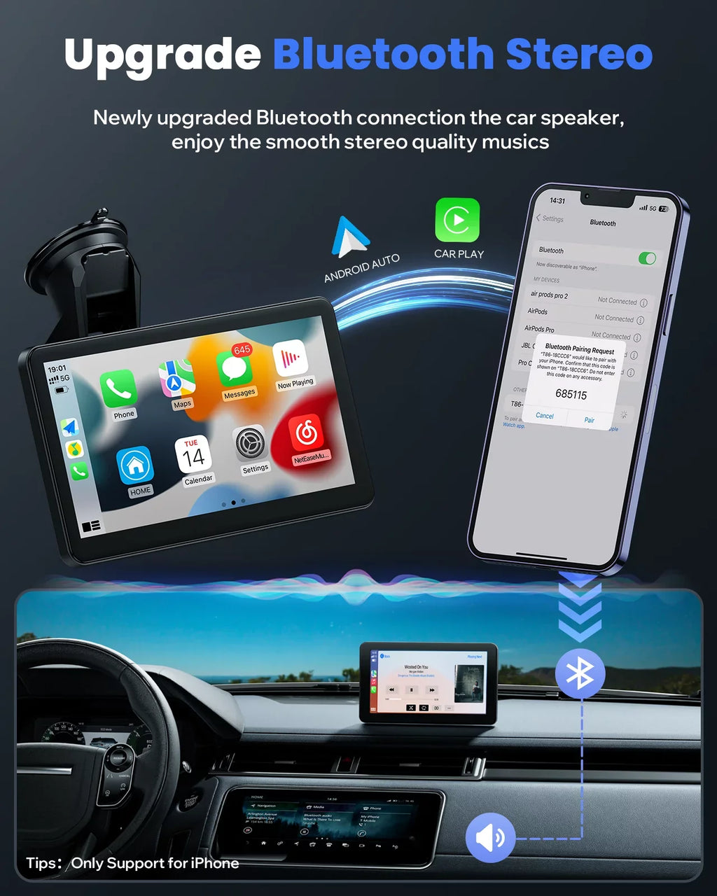 TOGUARD Portable Wireless Car Stereo Apple Carplay with Airplay, 7" HD Touch Screen Android Auto for Cars, Car Radio Receiver with Bluetooth, FM, AUX, Voice Control, GPS Navigation for All Vehicles