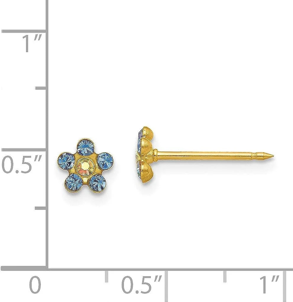 Solid Inverness 14k Yellow Gold Blue/Aurora Borealis Crystal Flower Earrings - 5mm