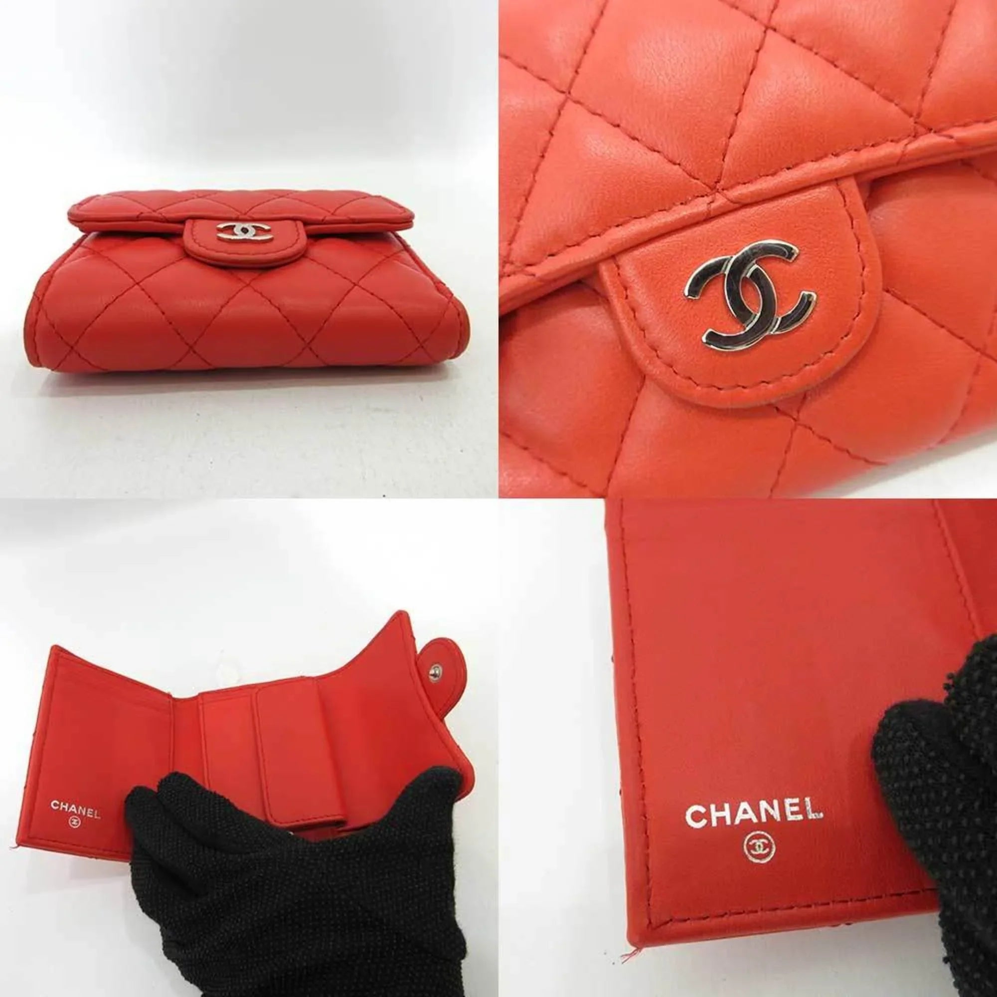 Pre-Owned Chanel Wallet Small Orange Red Series Silver Metal Fittings Mini Trifold Matelasse Women's Lambskin CHANEL (Good)