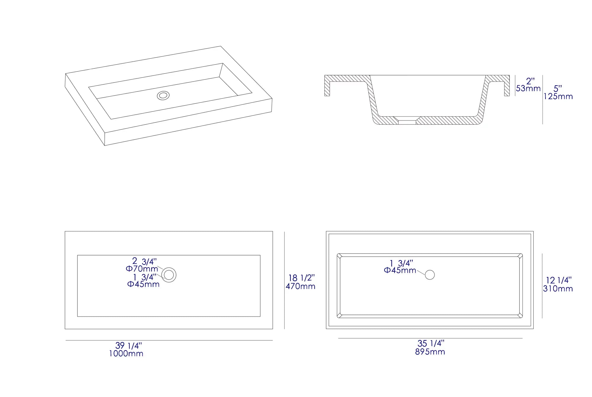 ALFI brand ABCO40TR 40" Solid Concrete Gray Matte Trough Sink for the Bathroom