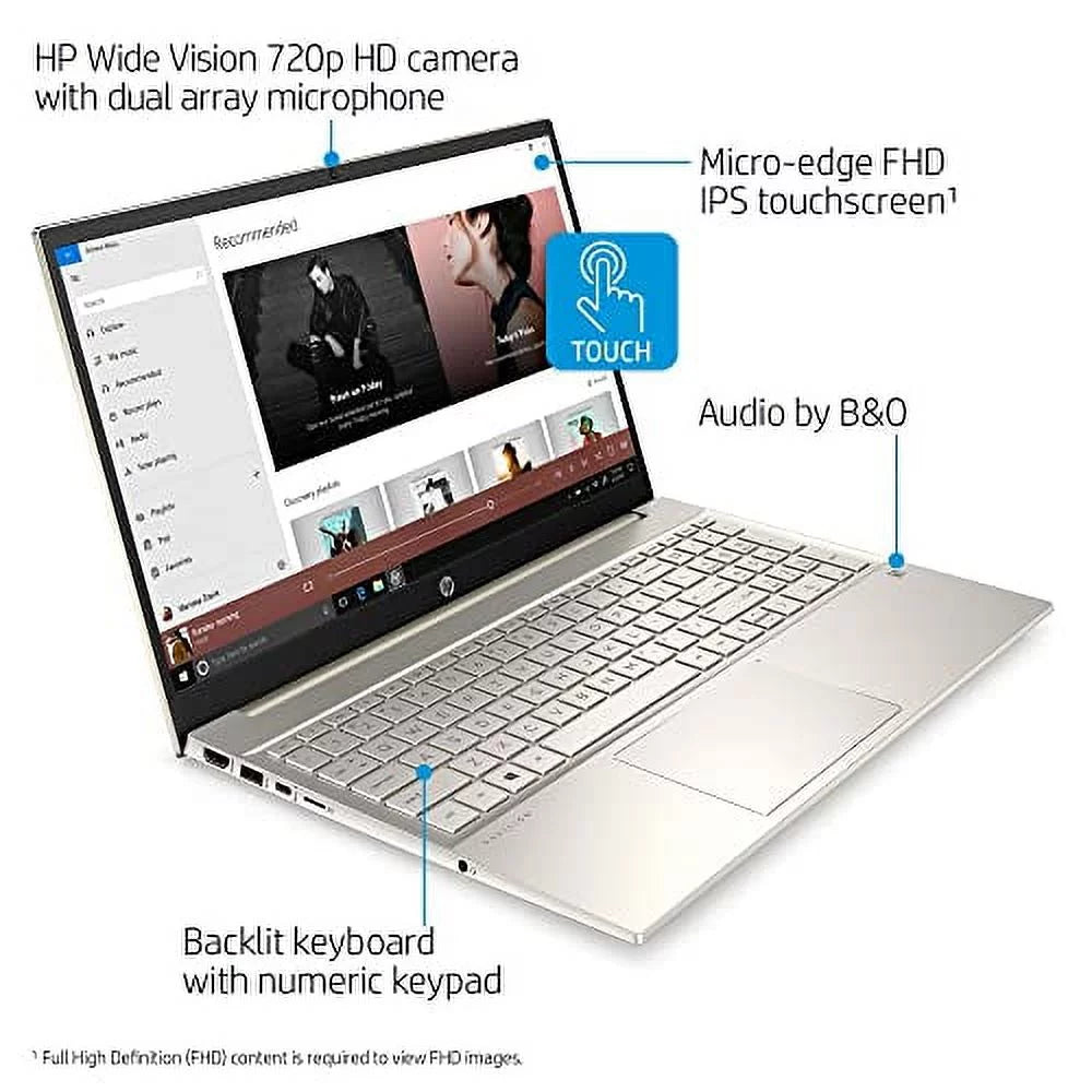 HP 2022 Pavilion 15.6" IPS FHD Touchscreen Laptop Intel 4-Core i5-1135G7 Iris Xe Graphics 16GB RAM DDR4 512GB NVMe SSD USB-C WiFi AX Bluetooth HDMI Webcam Backlit KB Gold Windows 10 Home w/RE USB