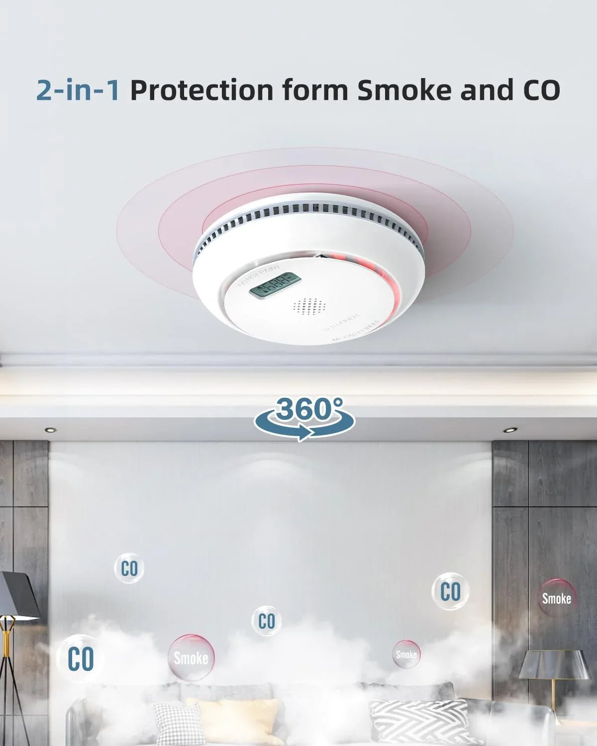 SITERWELL Wireless Interconnected Smoke Detector Carbon Monoxide Detector Combo with LCD Display, 2 in 1 Smoke and CO Detector with Test/Silence Button, Fire and CO Alarm with 3 AA Batteries, 1 Pack