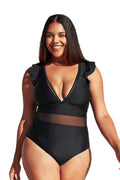 Cupshe Women's Plus Size One Piece Black V Neck Ruffle Mesh Bathing Suit, XXXXL
