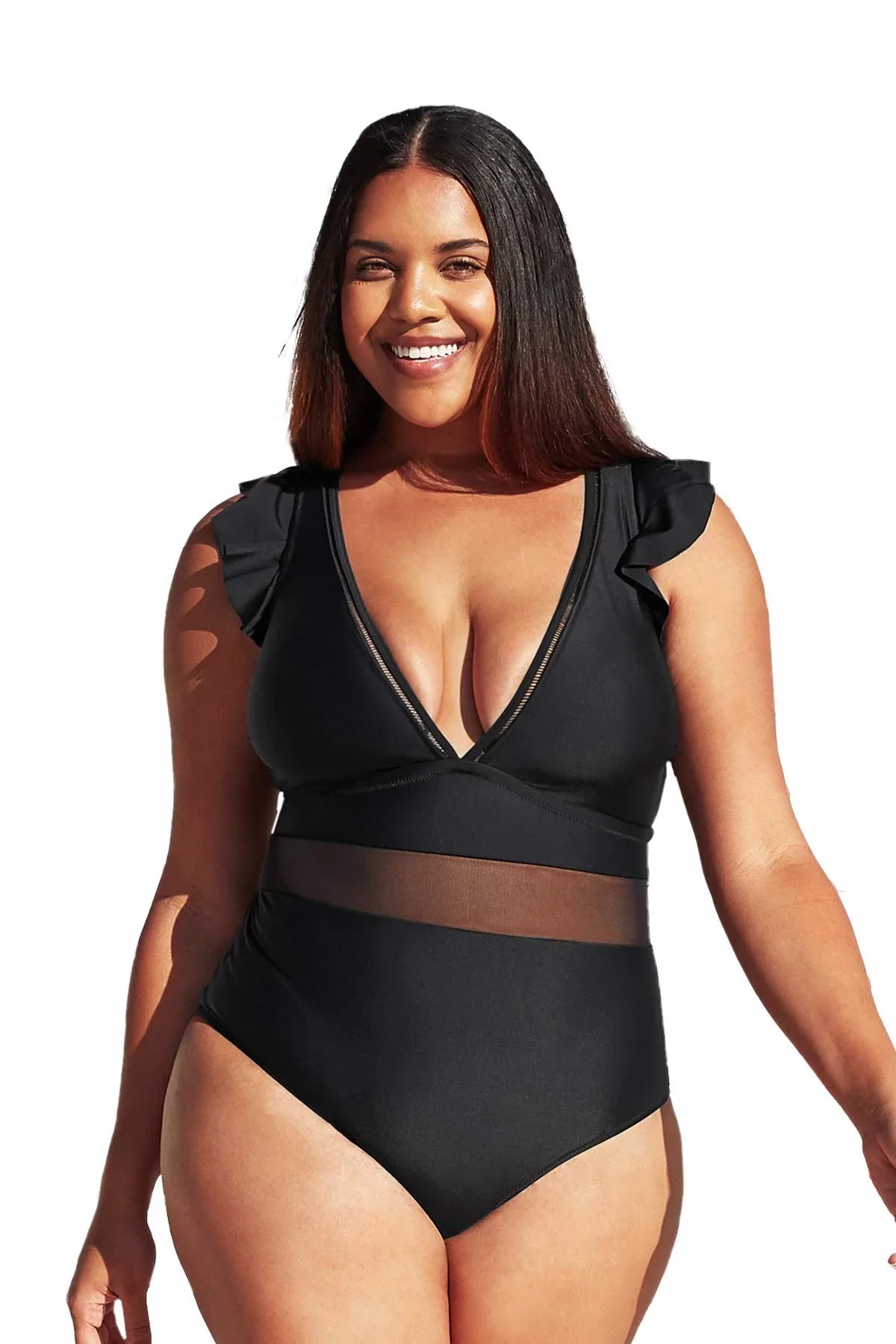 Cupshe Women's Plus Size One Piece Black V Neck Ruffle Mesh Bathing Suit, XXXXL