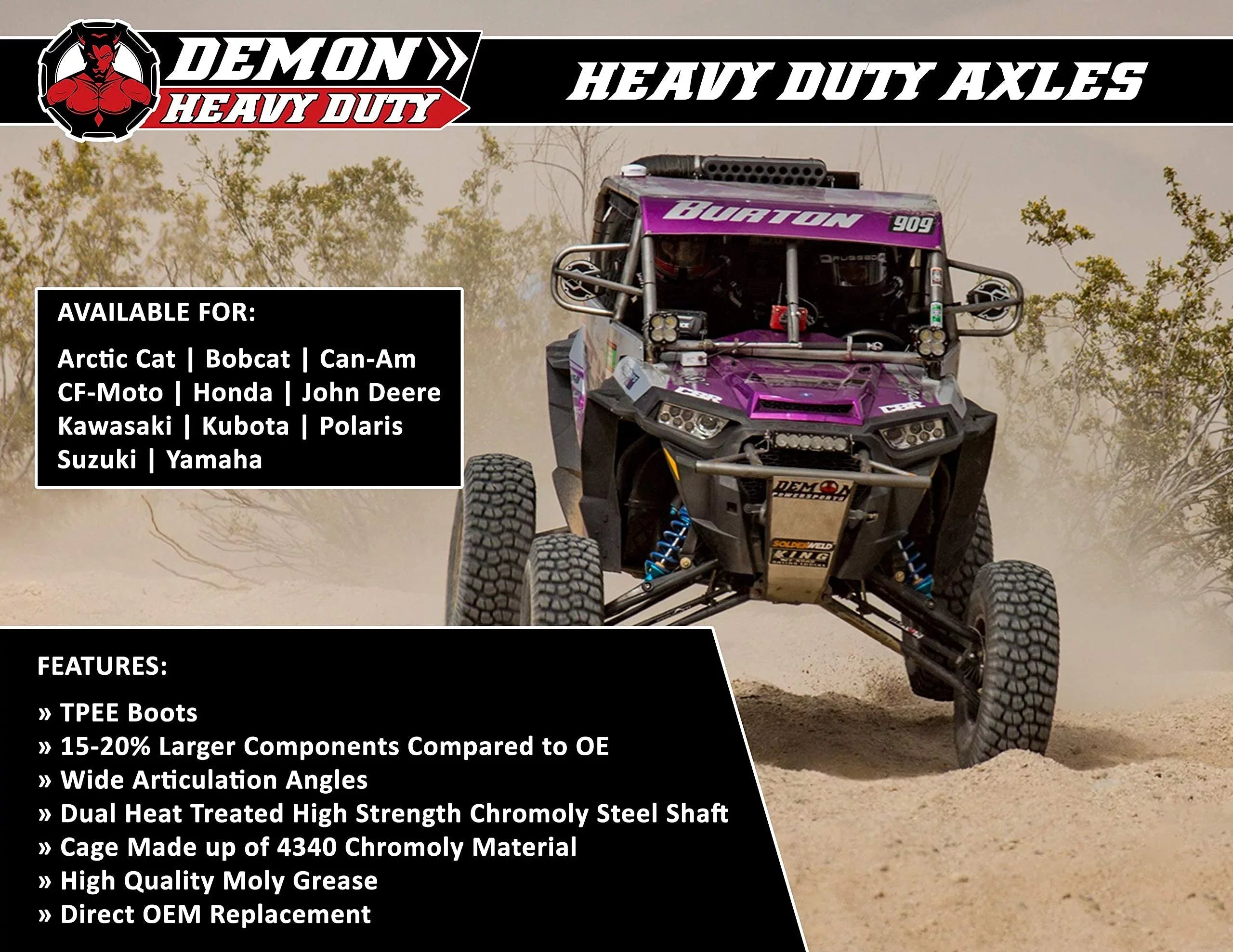 Demon Powersports Front Left/Right Heavy Duty Axle (2007-14) (2016-19) Yamaha Grizzly/Kodiak, Made of 4340 Chromoly Steel, Dual Heat Treated High Strength, Wider Angles & Molybdenum Grease Precision