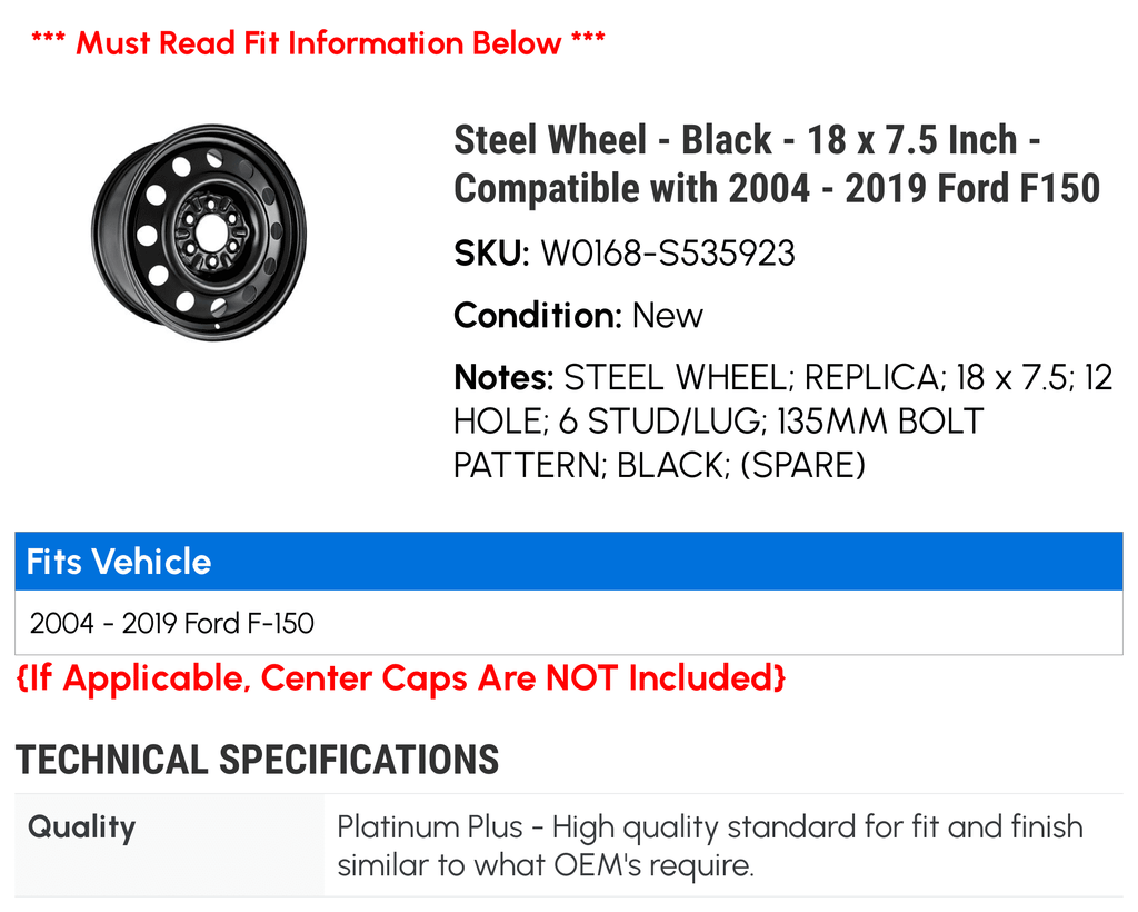 Steel Wheel - Black - 18 x 7.5 Inch - Matching with 2004 - 2019 Ford F150 2005 2006 2007 2008 2009 2010 2011 2012 2013 2014 2015 2016 2017 2018