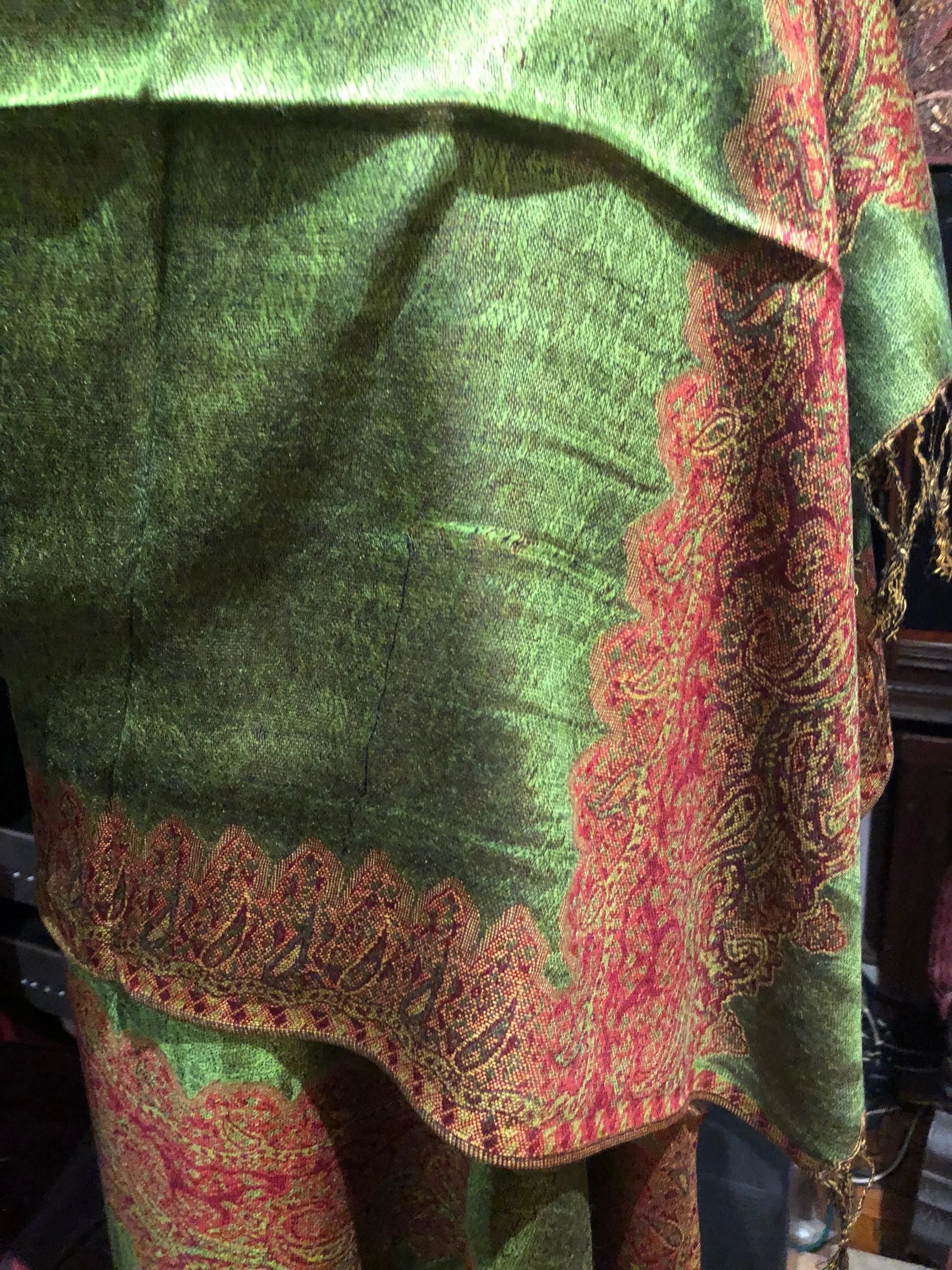 Green Red Reversible Vintage Paisley Brocade Pashmina Scarf Wrap