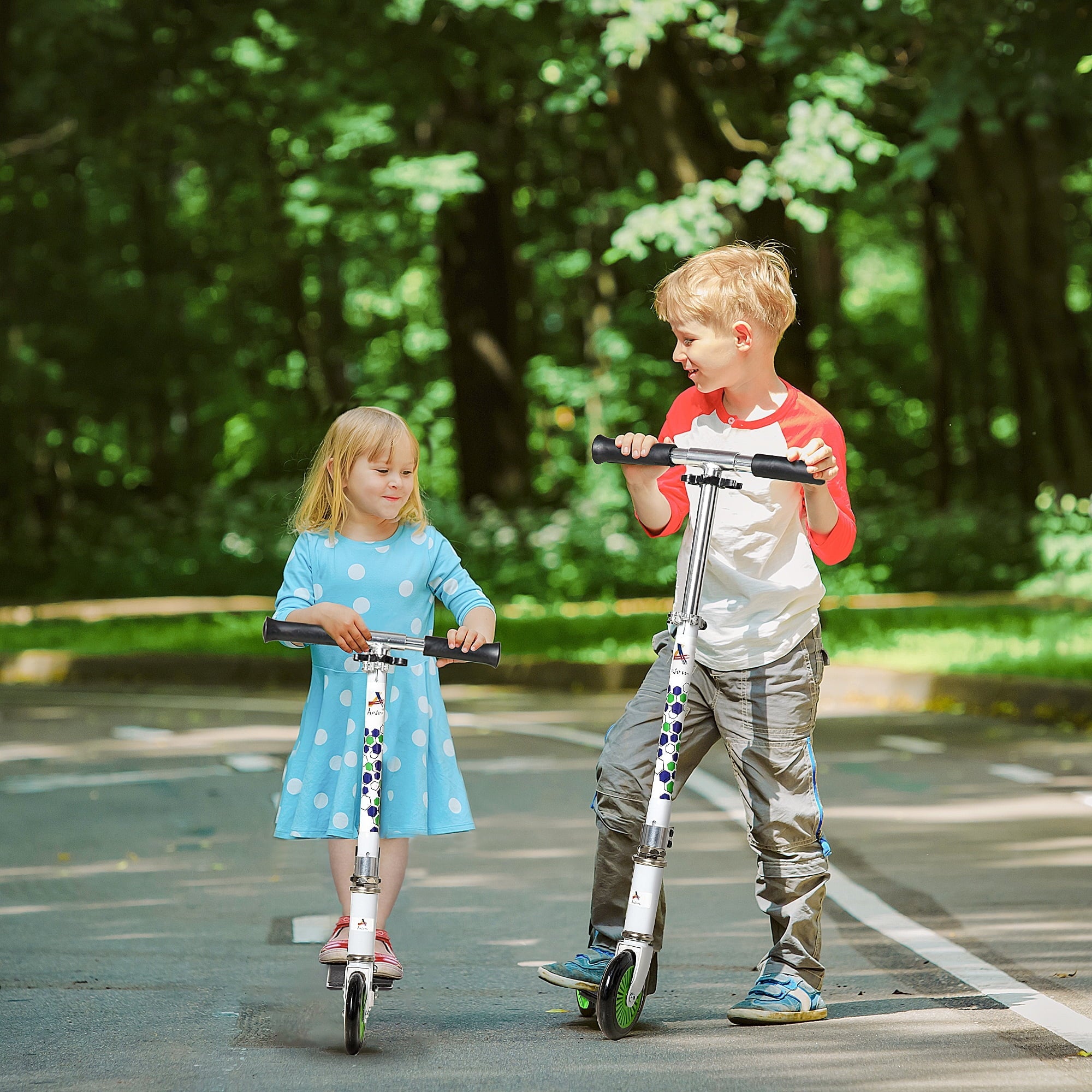 Aosom One-click Folding Kids Kick Scooter w/ Adjustable Handlebar, Push Rider with Kickstand, Dual Brake System, Long-lasting Wheels & Sturdy Bearings, for Boys and Girls, White