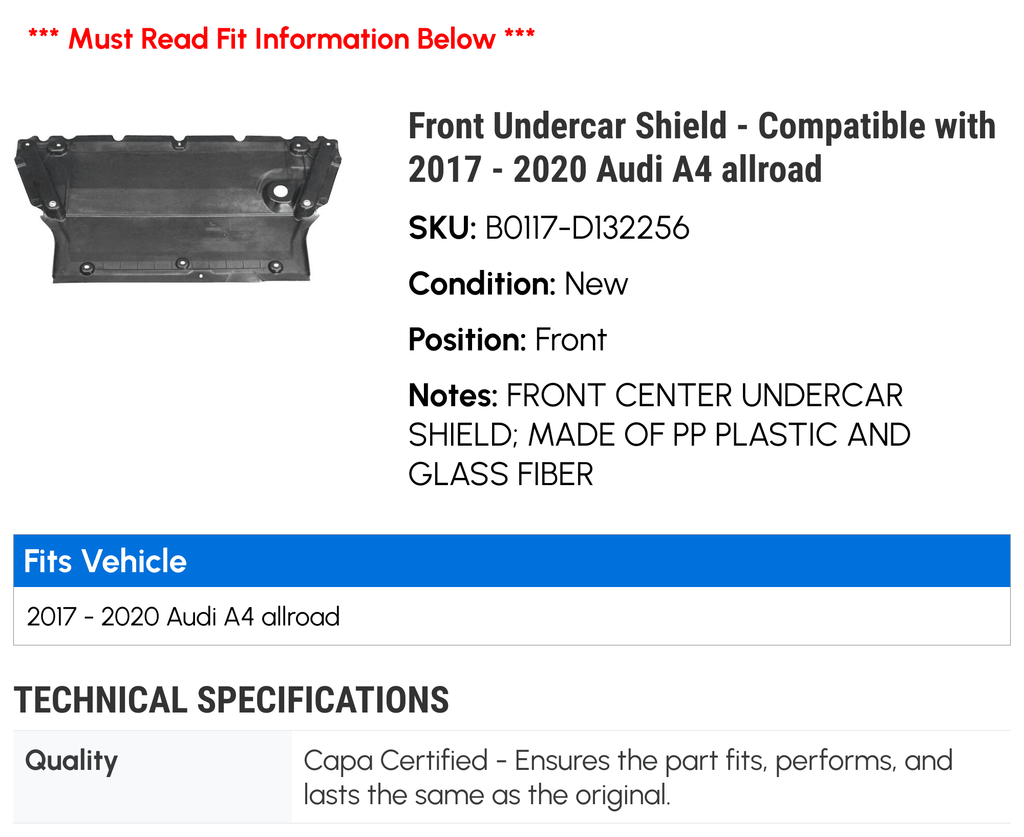 Front Undercar Shield - Fitting with 2017 - 2020 Audi A4 allroad 2018 2019