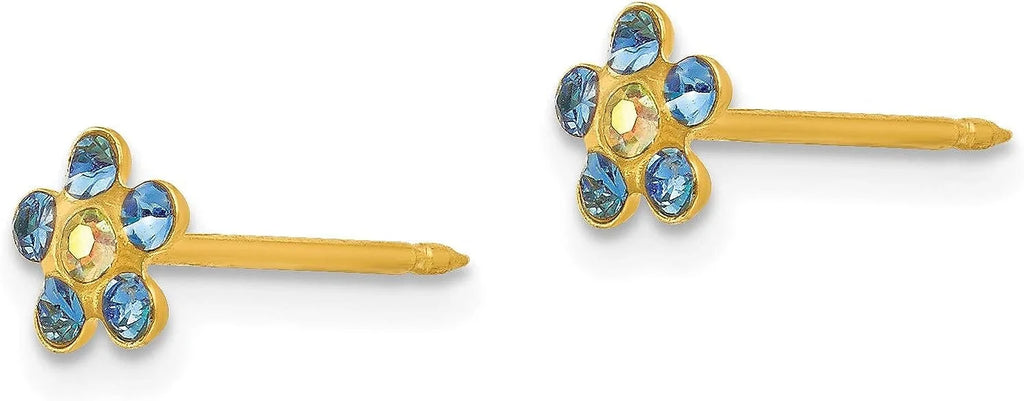 Solid Inverness 14k Yellow Gold Blue/Aurora Borealis Crystal Flower Earrings - 5mm