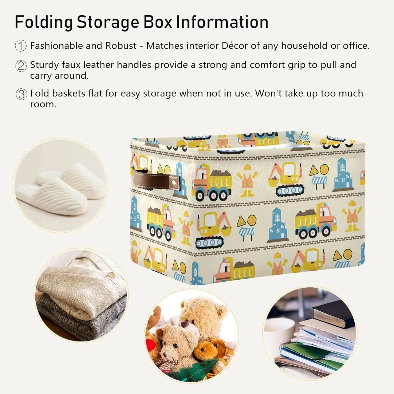 Coolnut Cartoon Construction Truck Storage Basket, Long-lasting Canvas Organizer With Handles Large Collapsible Storage Bins Boxes for Home Office - 2 Pack