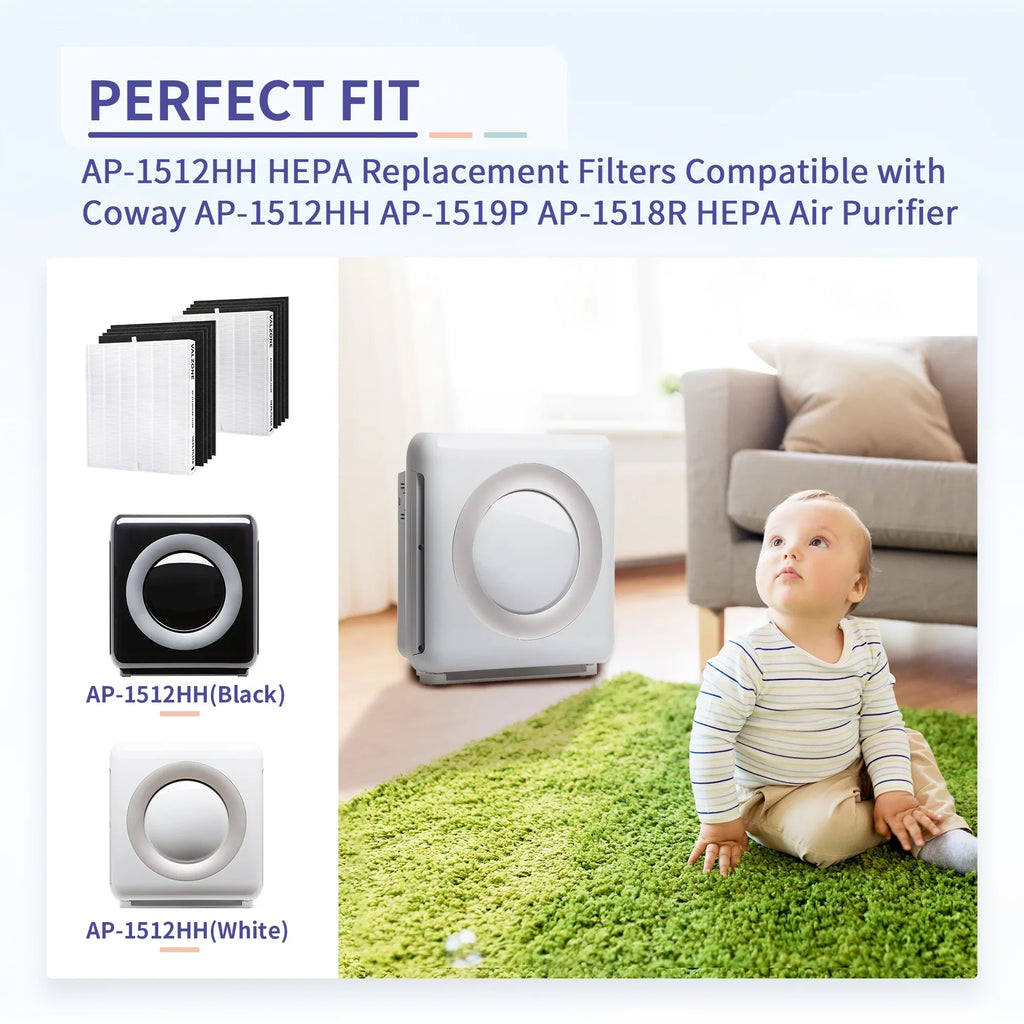 DAJDAH AP-1512HH Fitting with Coway Airmega 200M and Coway Air Purifier AP-1512HH AP-1519P AP-1518R, Part#3304899, Compare to AP-1512HH-FP | 2 HEPA Filter + 8 Pre-Cut Carbon Filter