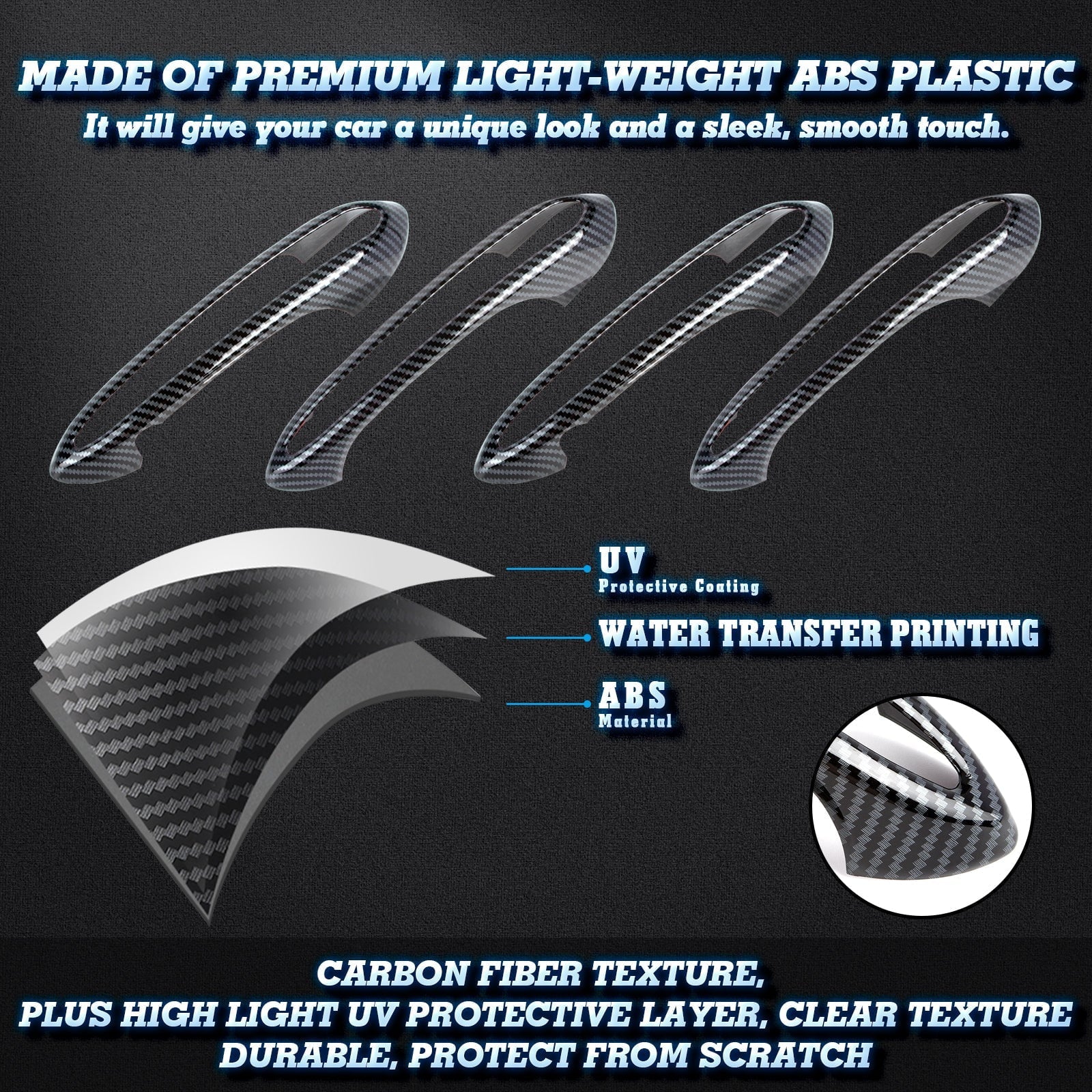 Xotic Tech 1 Set (4 pieces) Exterior Door Handle Surround Wrap trims, Carbon Fiber Style, Matching with BMW 5 Series G30 2018-up