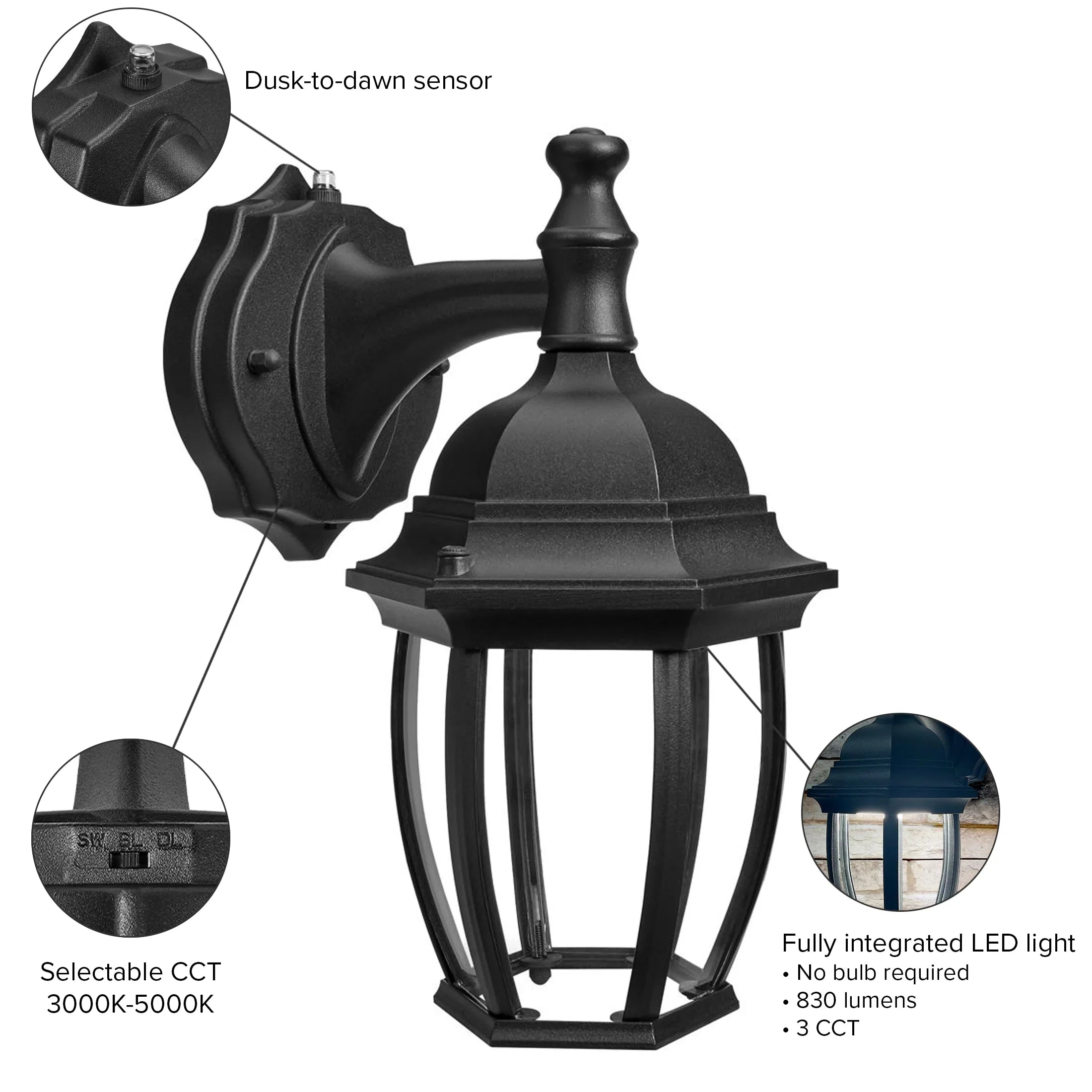 Maxxima LED Outdoor Wall Light - Black Coach Light Fixture with Clear Glass, Photocell Sensor, 830 Lumens, 3 CCT 3000K/4000K/5000K, Dusk to Dawn Lighting for Porch, Garage, and Front Door