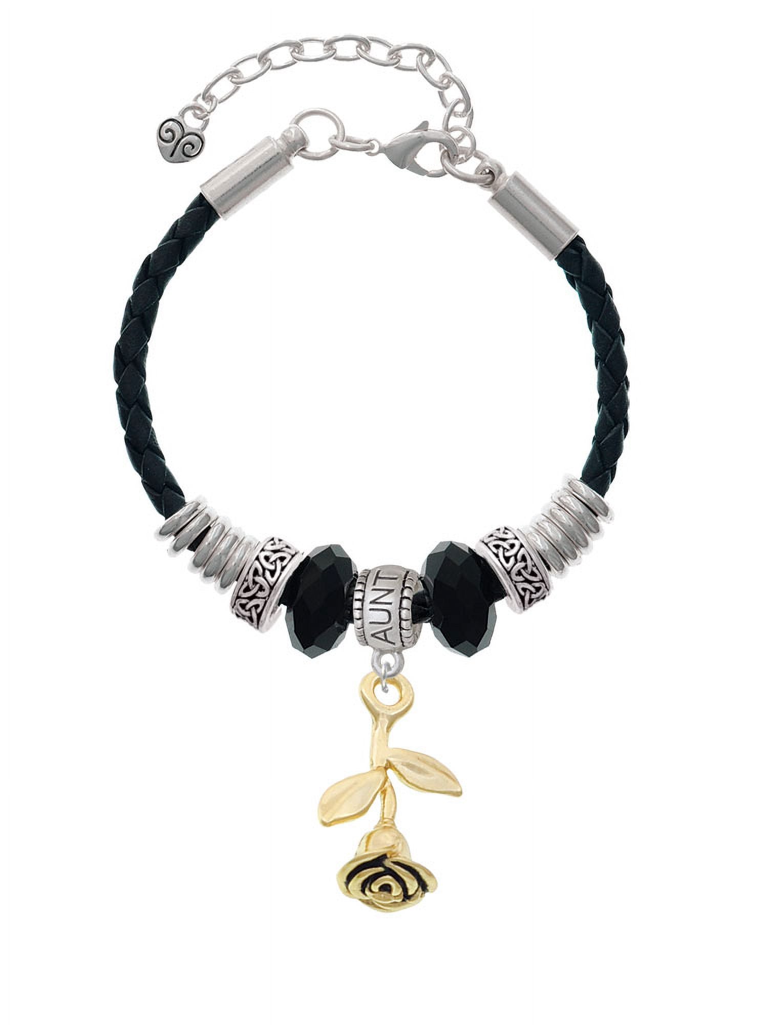 Delight Jewelry Goldtone Stemmed Rose Aunt Celtic Knot Leather Bead Bracelet, 7"+2" Extender