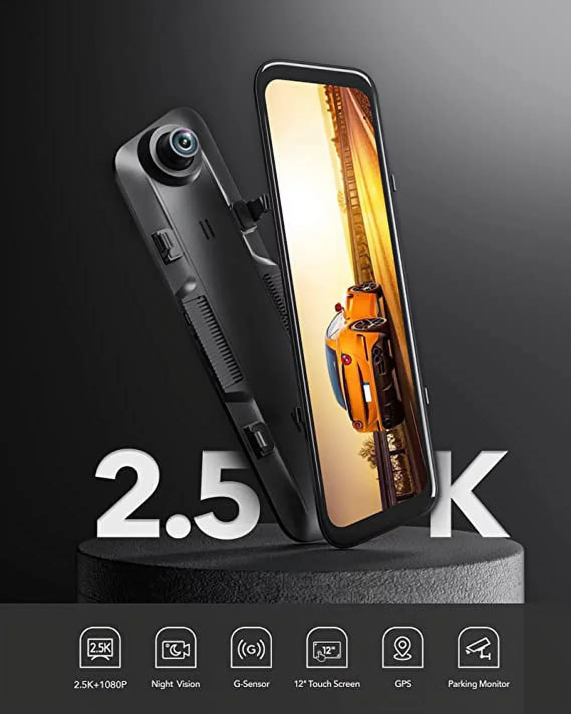 WOLFBOX Rear View Mirror Camera, 2.5K Front and 1080P Rear Camera, 12'' Mirror Dash Cam with Night Vision, Built-in Wi-Fi GPS, Parking Monitor, Free 32GB Card
