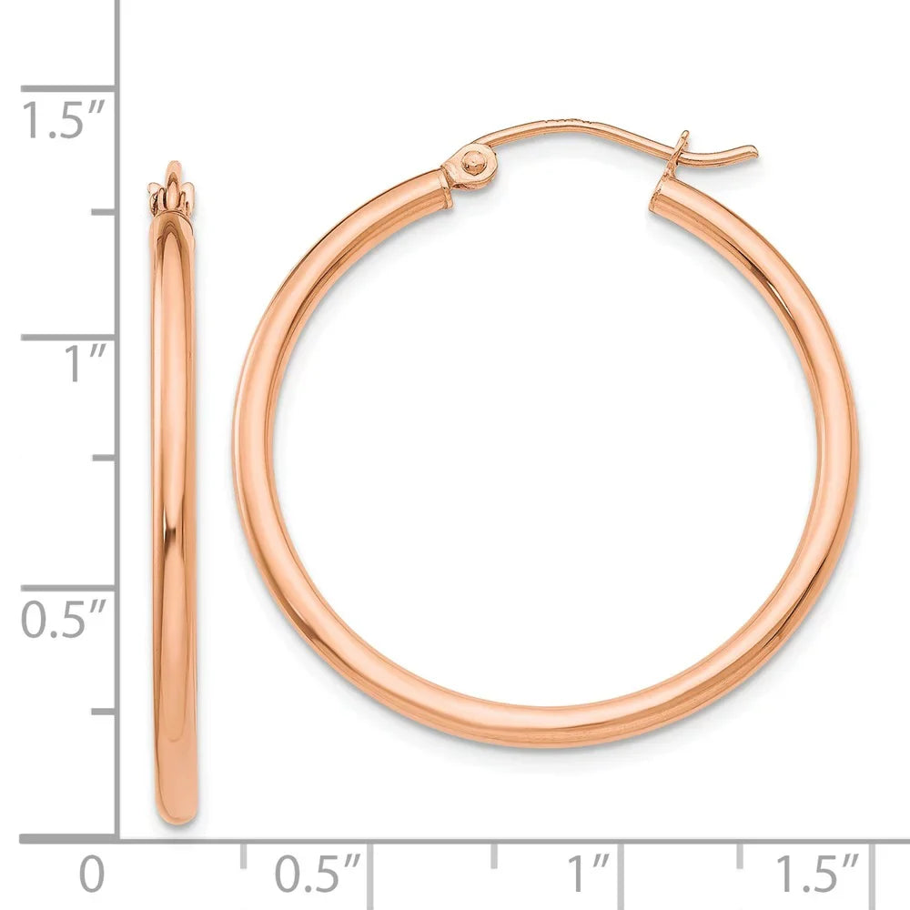 Real 14kt Rose Gold Polished 2mm Lightweight Tube Hoop Earrings; for Adults and Teens; for Women and Men