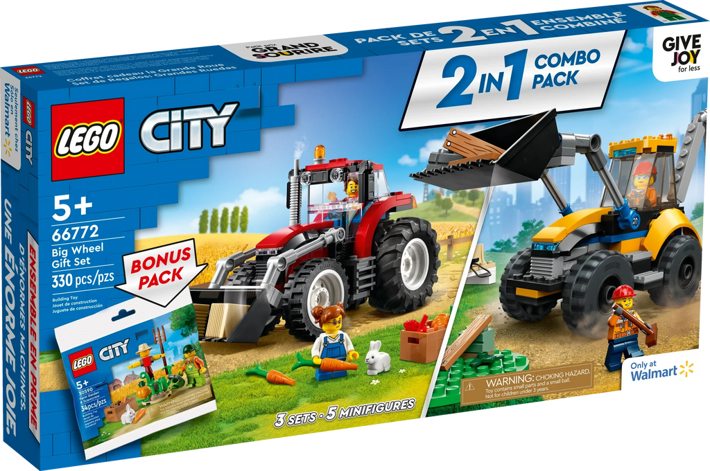 LEGO City Big Wheel Gift Set, 2in1 Tractor and Construction Digger Building Toy Sets Plus Farm Garden & Scarecrow Bonus Pack, Outstanding Gift for Boys and Girls Ages 5 and up, 66772