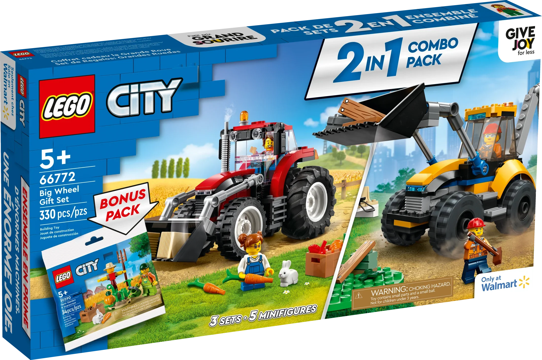 LEGO City Big Wheel Gift Set, 2in1 Tractor and Construction Digger Building Toy Sets Plus Farm Garden & Scarecrow Bonus Pack, Outstanding Gift for Boys and Girls Ages 5 and up, 66772