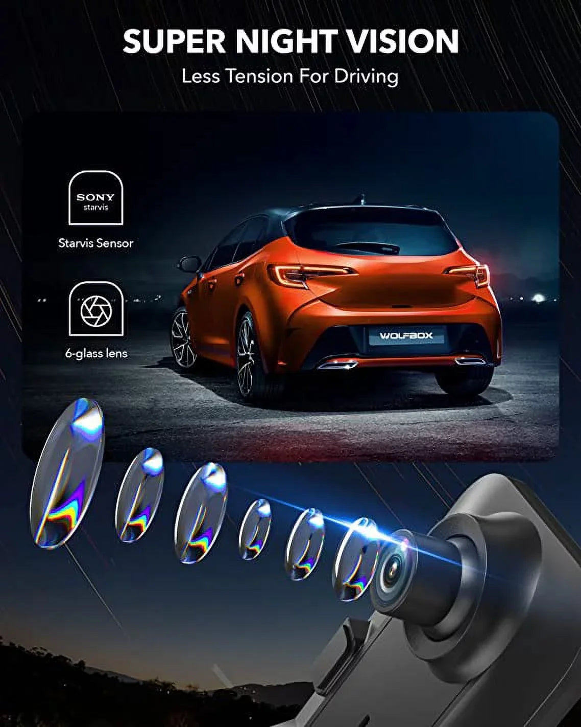 WOLFBOX Rear View Mirror Camera, 2.5K Front and 1080P Rear Camera, 12'' Mirror Dash Cam with Night Vision, Built-in Wi-Fi GPS, Parking Monitor, Free 32GB Card