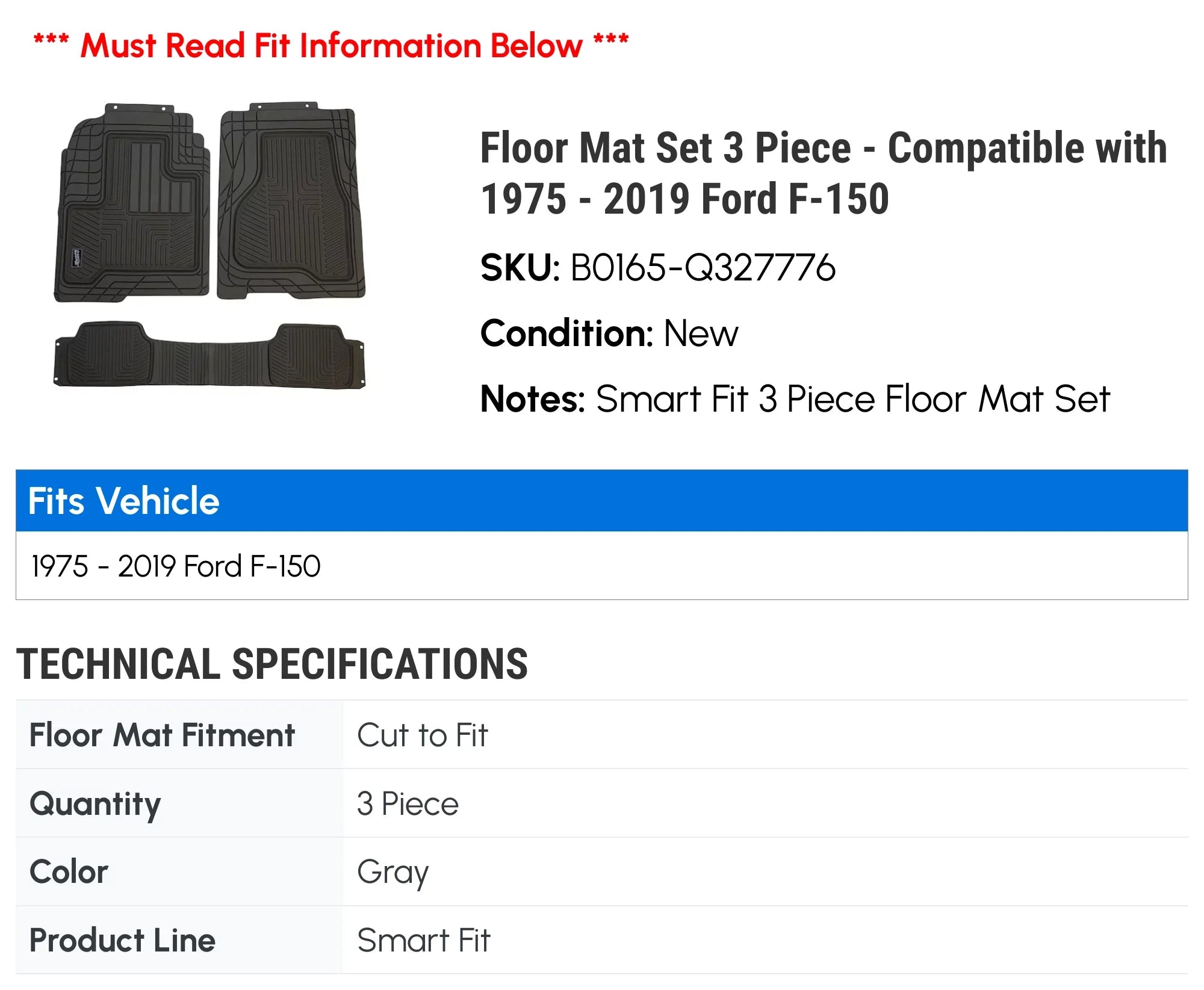 Floor Mat Set 3 Piece - Matching with 1984 - 1990 Ford Bronco II 1985 1986 1987 1988 1989