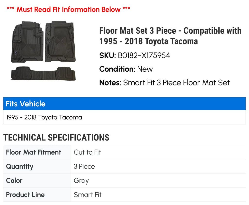 Floor Mat Set 3 Piece - Matching with 1995 - 2018 Toyota Tacoma 1996 1997 1998 1999 2000 2001 2002 2003 2004 2005 2006 2007 2008 2009 2010 2011 2012 2013 2014 2015 2016 2017