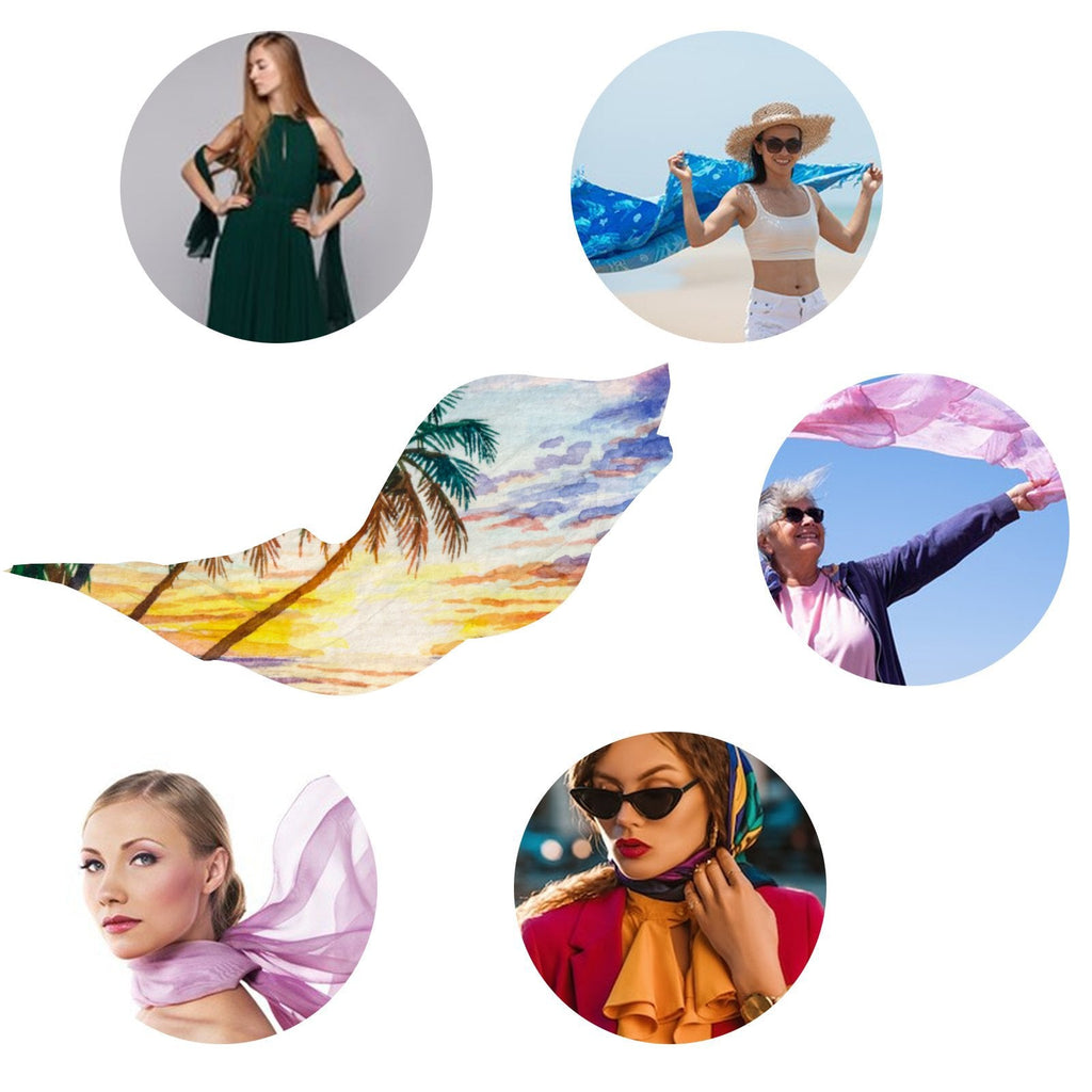 FREEAMG Seascape Sunset Silk Long Scarf for Women Large Oblong Sunscreen Shawls Wraps Neck Headscarf Hair Wraps Gift Packed