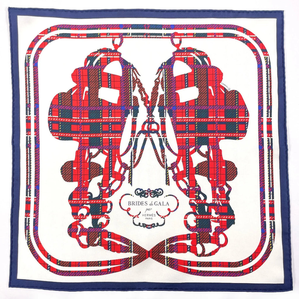 Pre-Owned HERMES Gavroche Carre 45 Brides de Gala Tartan Scarf Muffler Silk White Women's N3123233 (Good)