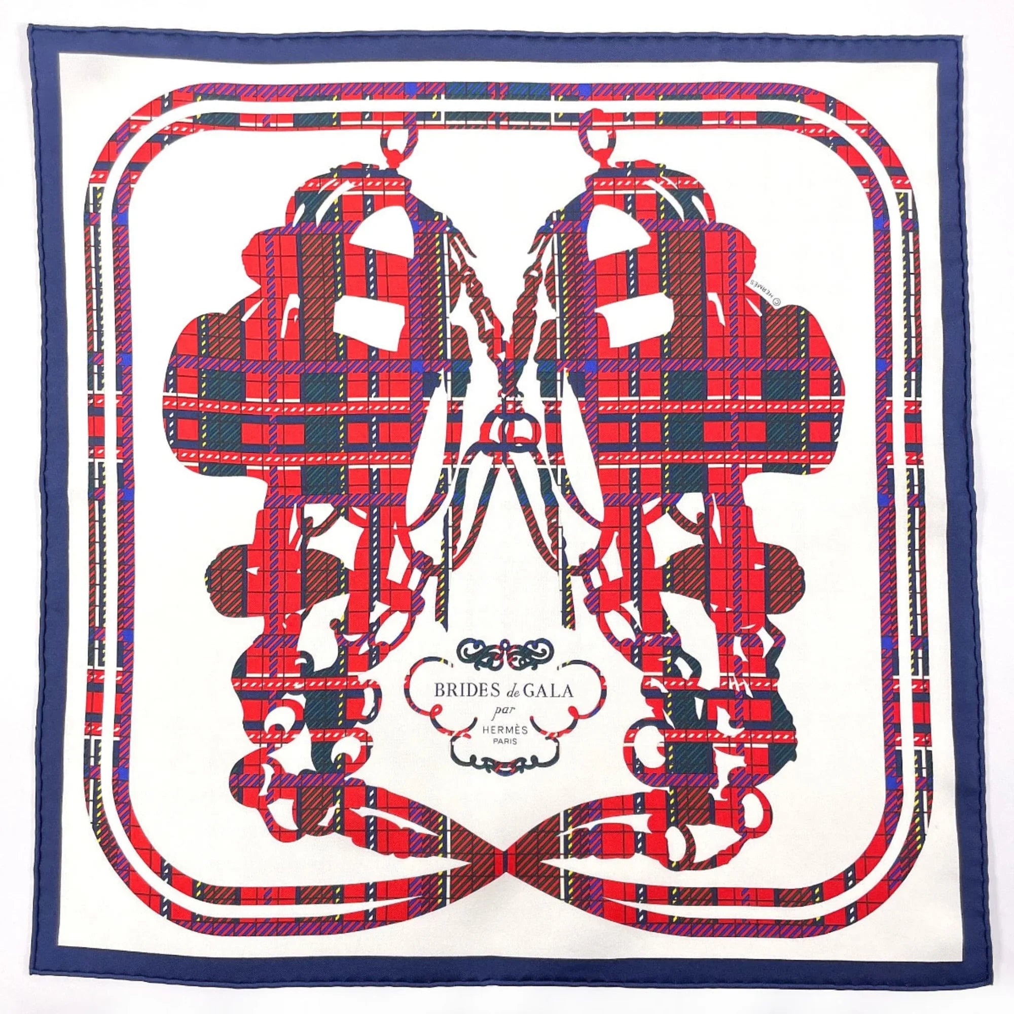 Pre-Owned HERMES Gavroche Carre 45 Brides de Gala Tartan Scarf Muffler Silk White Women's N3123233 (Good)
