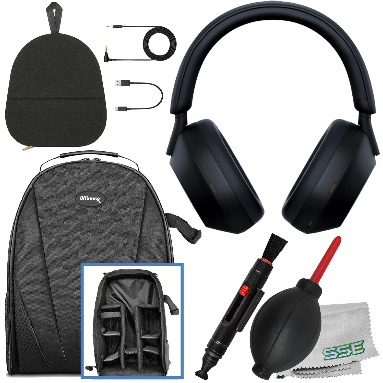 Ultimaxx Essential Sony WH-1000XM5 Noise-Canceling Wireless Over-Ear Headphones Bundle (Black) - Includes: Durable Gadget Backpack & More (7pc Bundle)