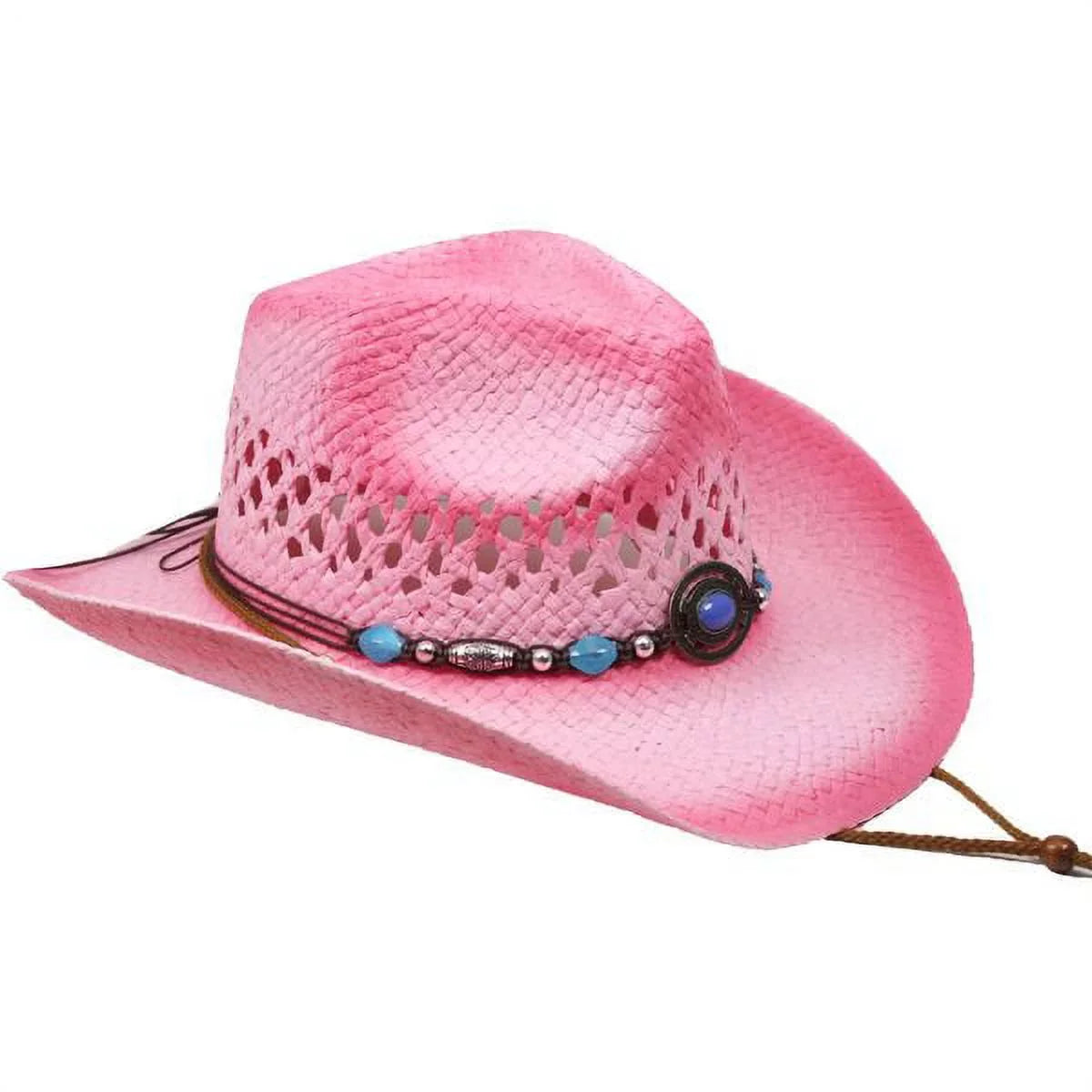 PINK Tea Stain Straw COWBOY HAT w/ Turquoise Blue Beads WOMEN WESTERN Cowgirl Adult size