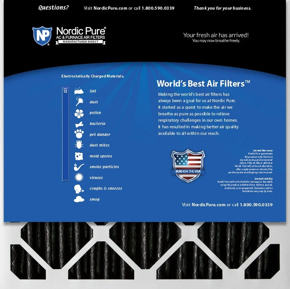 Nordic Pure 24x24x2 Furnace Air Filters MERV 12 Pleated Plus Carbon 3 Pack