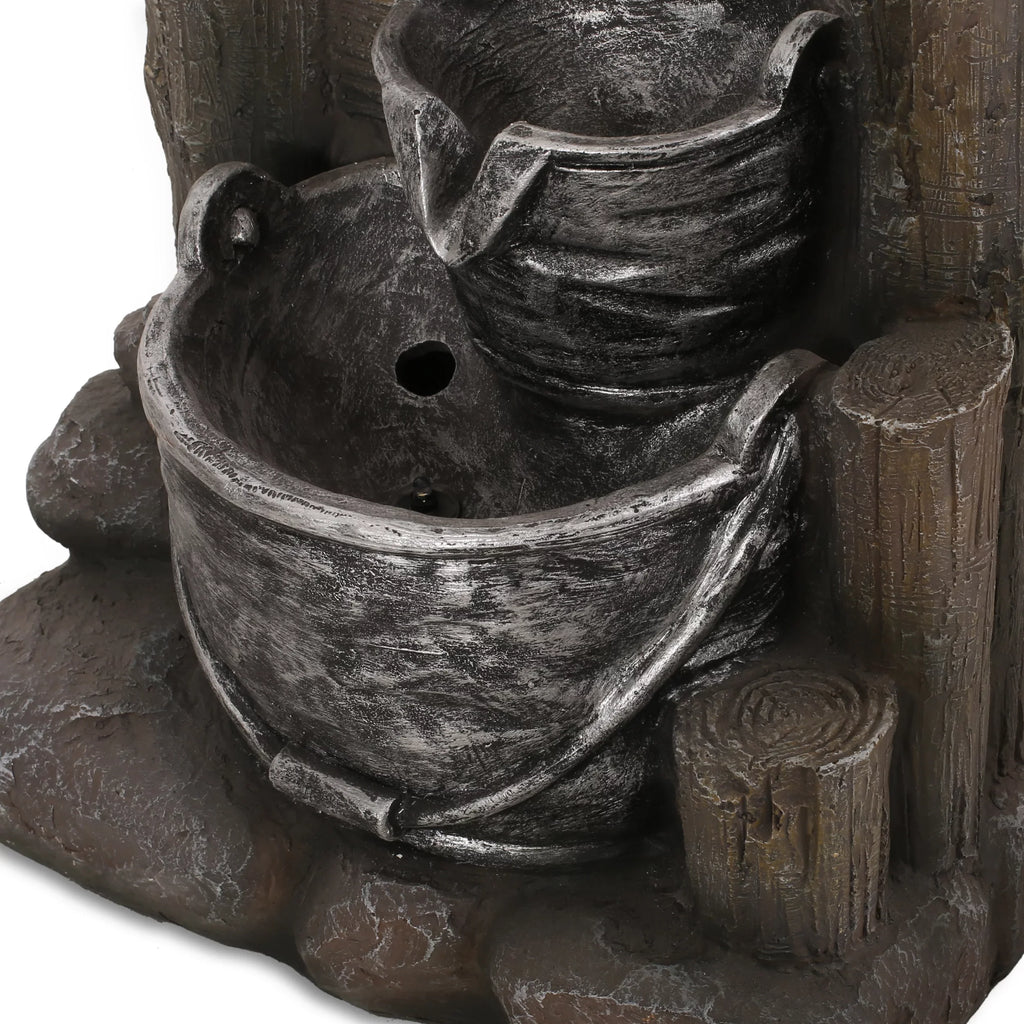 Noble House Berrien Outdoor 3-Tier Bucket Fountain, Brown and Gray